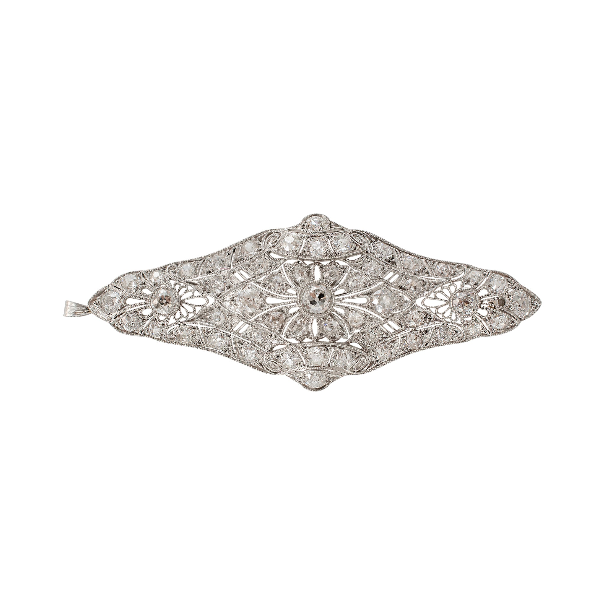 Antique Platinum Filitgreed Old European Cut Diamond Brooch Pendant