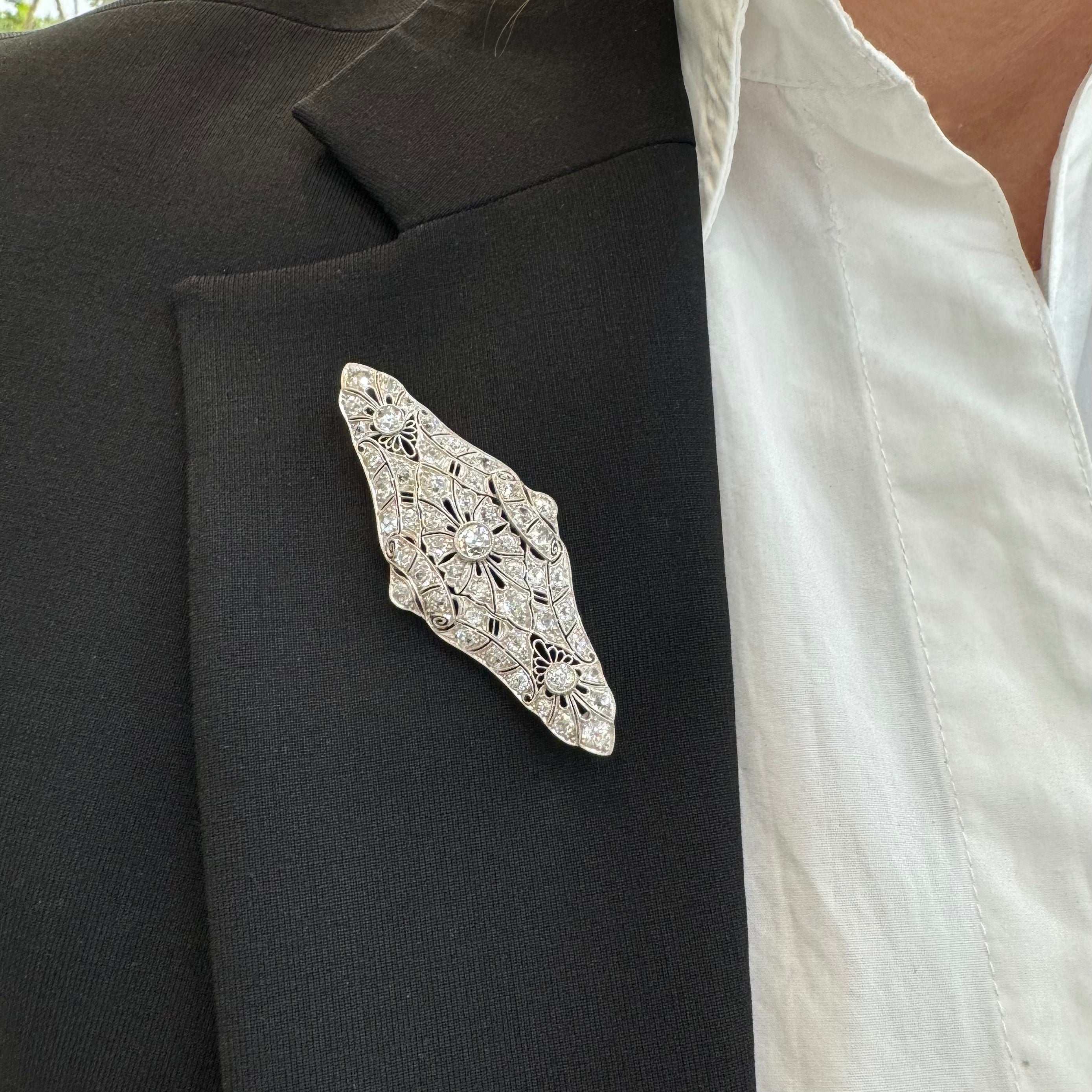 Antique Platinum Filitgreed Old European Cut Diamond Brooch Pendant