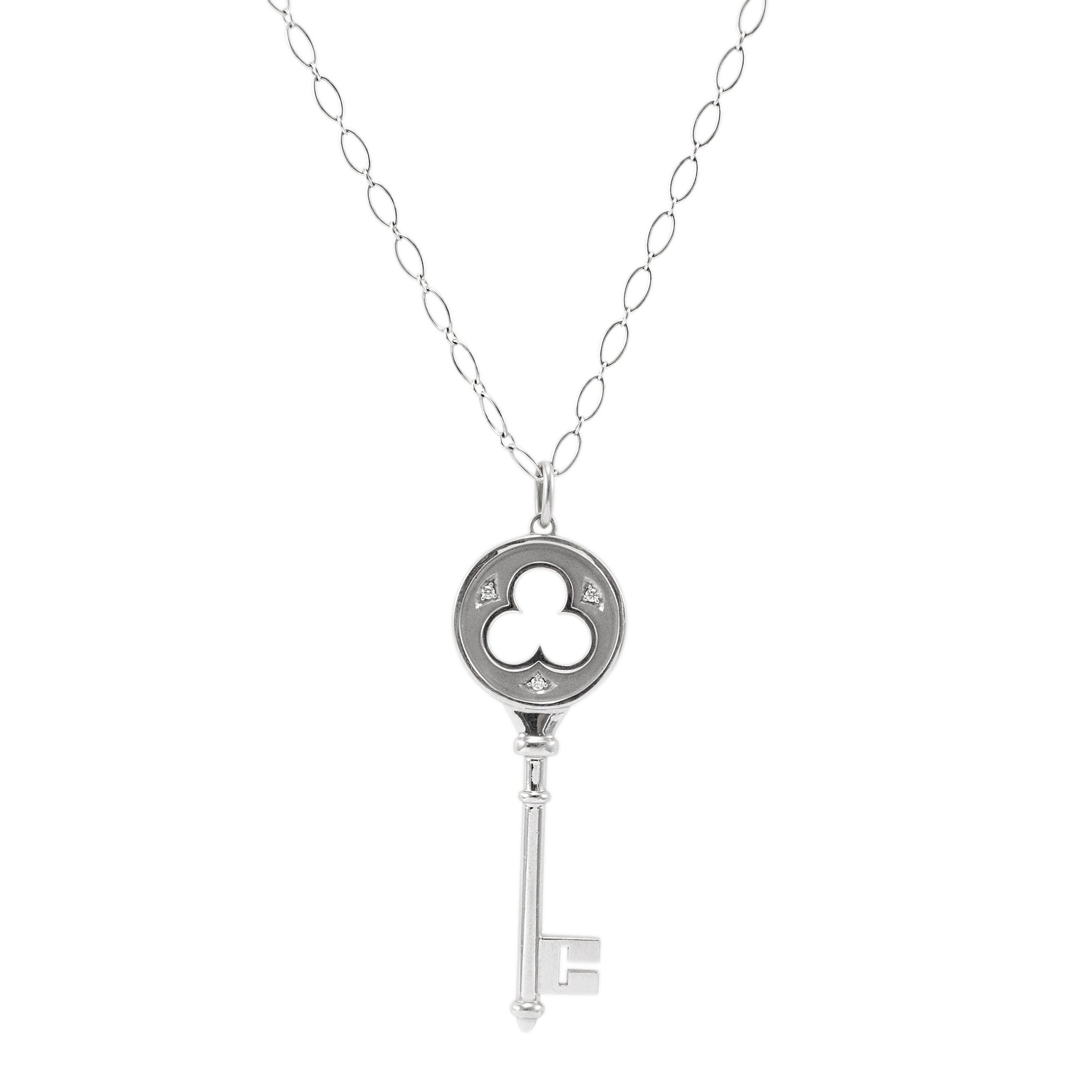 Tiffany & Co. Keys 18K White Gold Diamond Clover Key Pendant Necklace