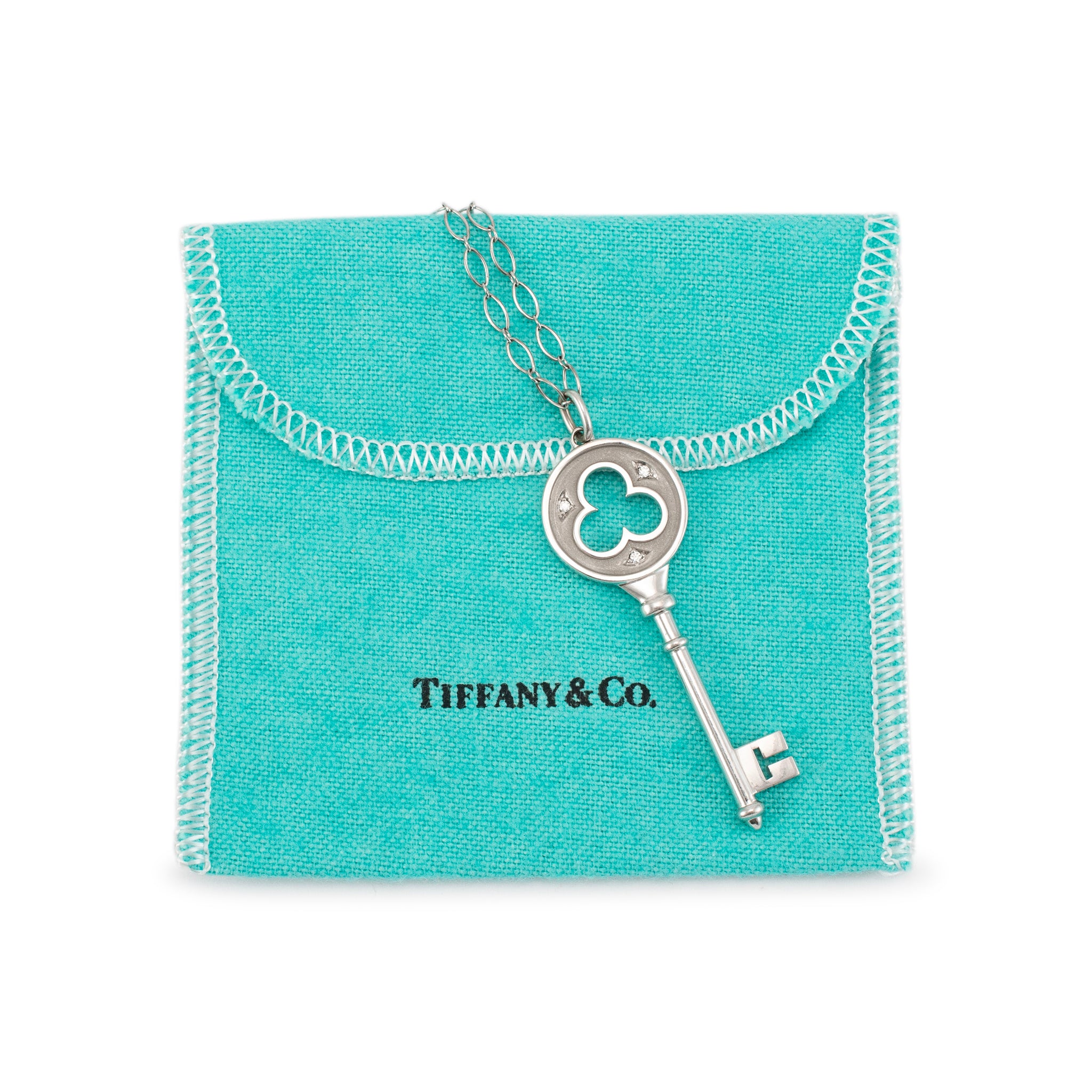 Tiffany & Co. Keys 18K White Gold Diamond Clover Key Pendant Necklace