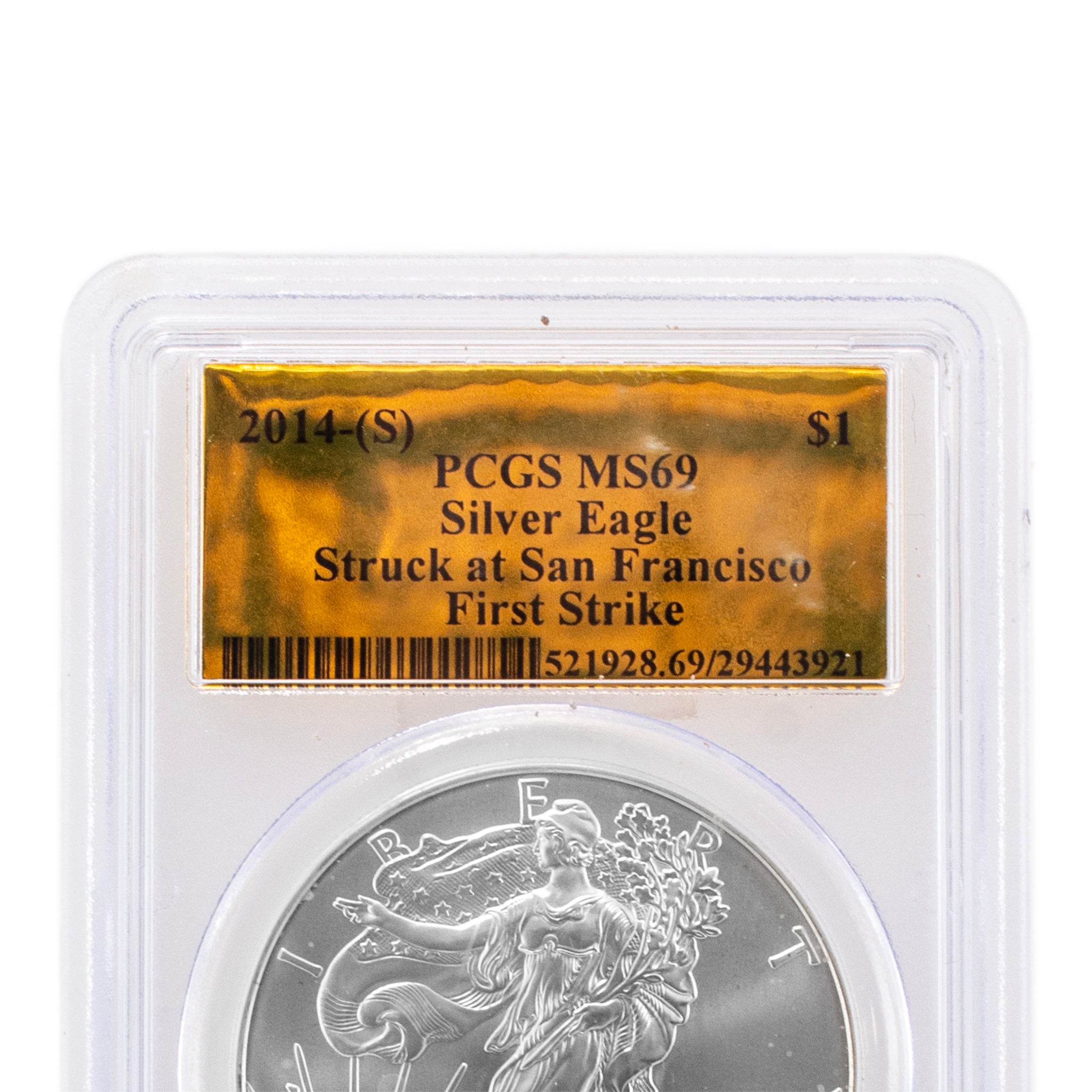 2014 S $1SILVER American Eagle PCGS MS-69 First Strike Gold Label Coin