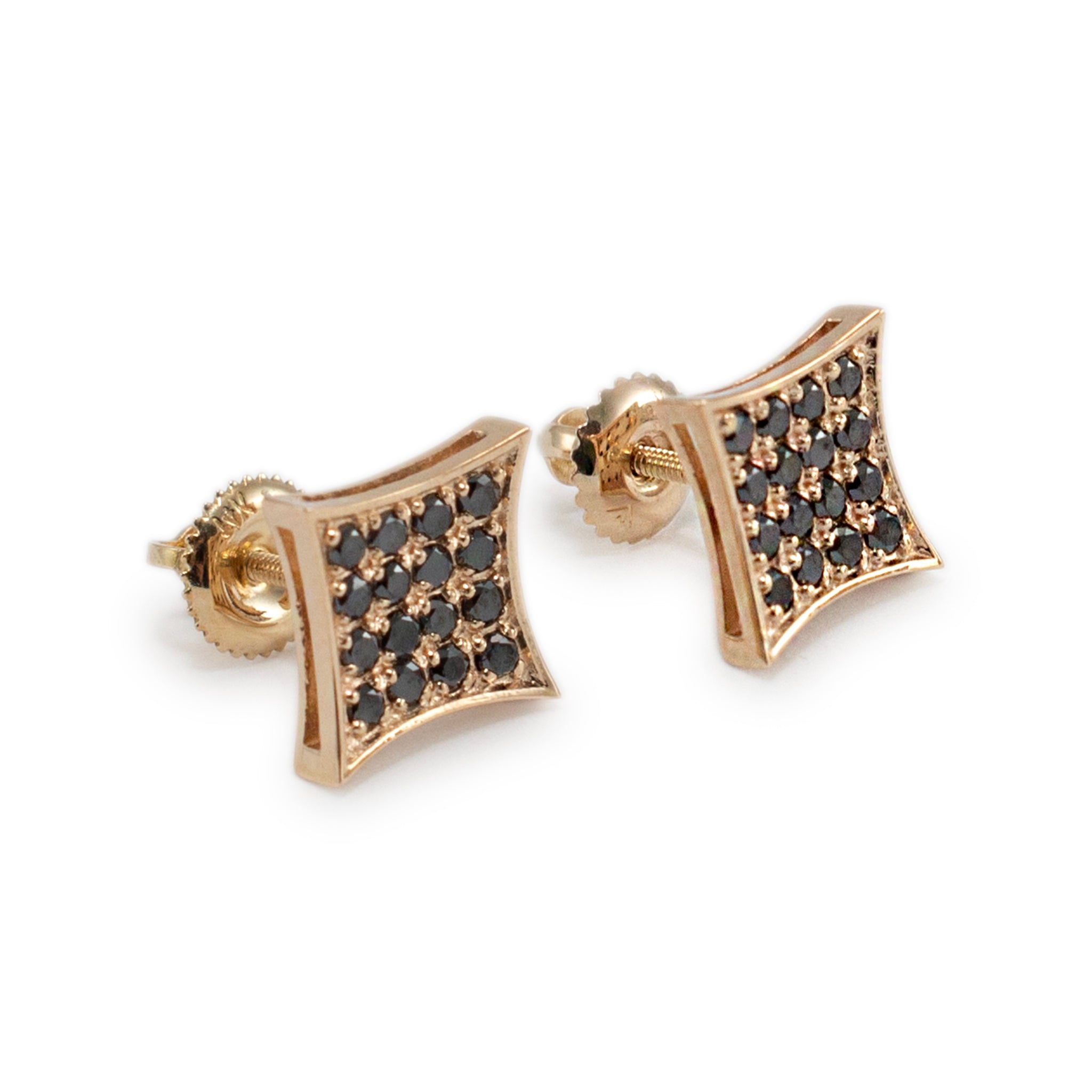 14K Yellow Gold Square Pave Black Diamond Screw Back Stud Earrings