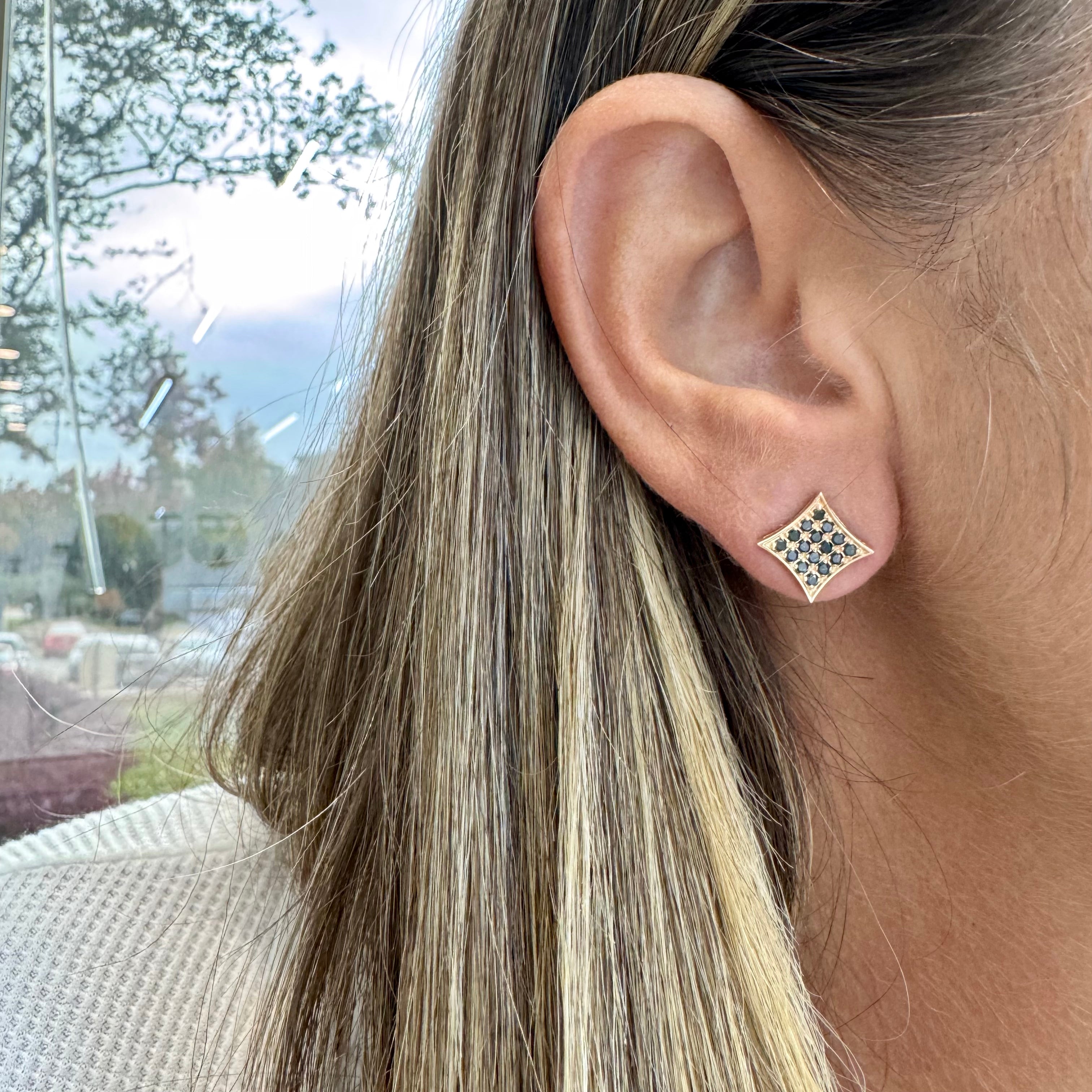 14K Yellow Gold Square Pave Black Diamond Screw Back Stud Earrings