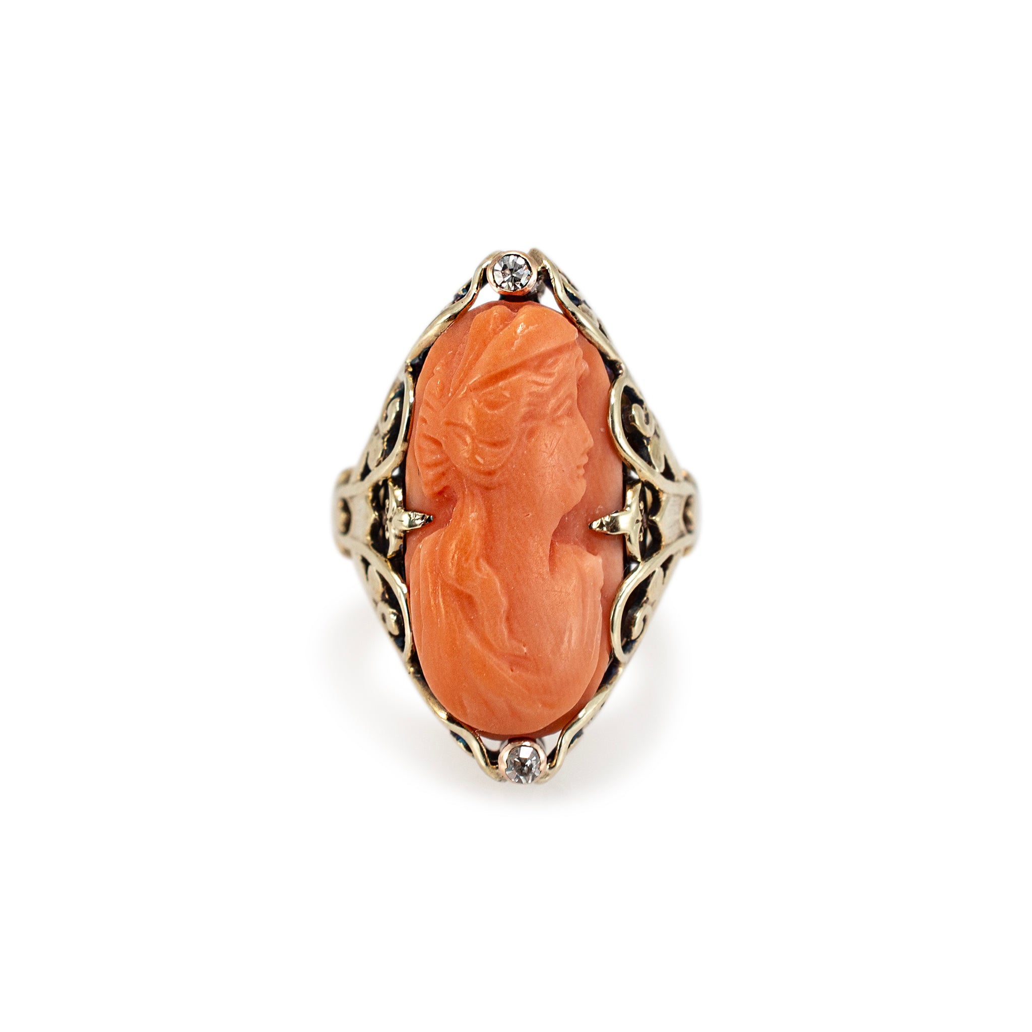 Handmade Vintage 14K Yellow Gold Carved Salmon Coral Cameo Diamond Cocktail Ring