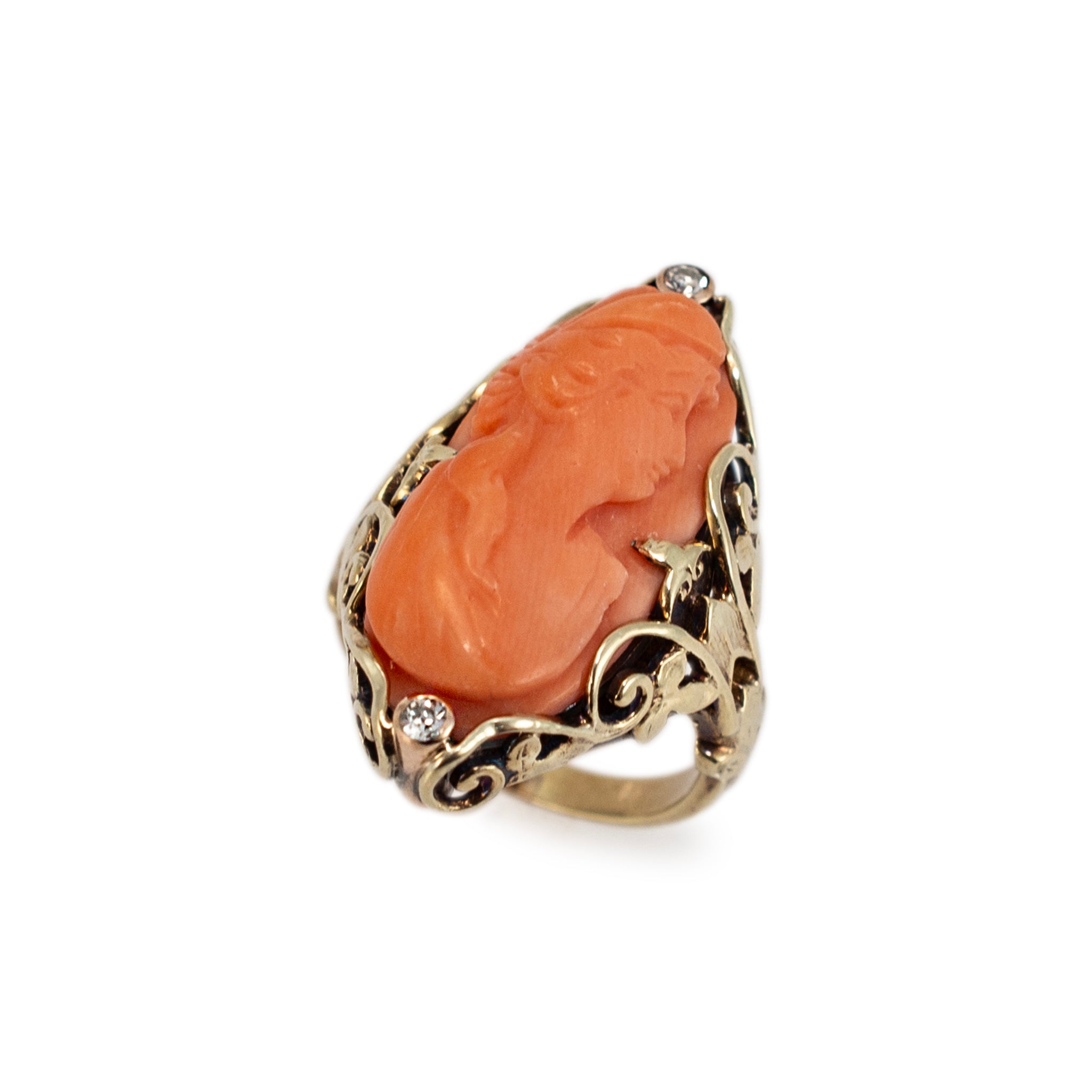 Handmade Vintage 14K Yellow Gold Carved Salmon Coral Cameo Diamond Cocktail Ring