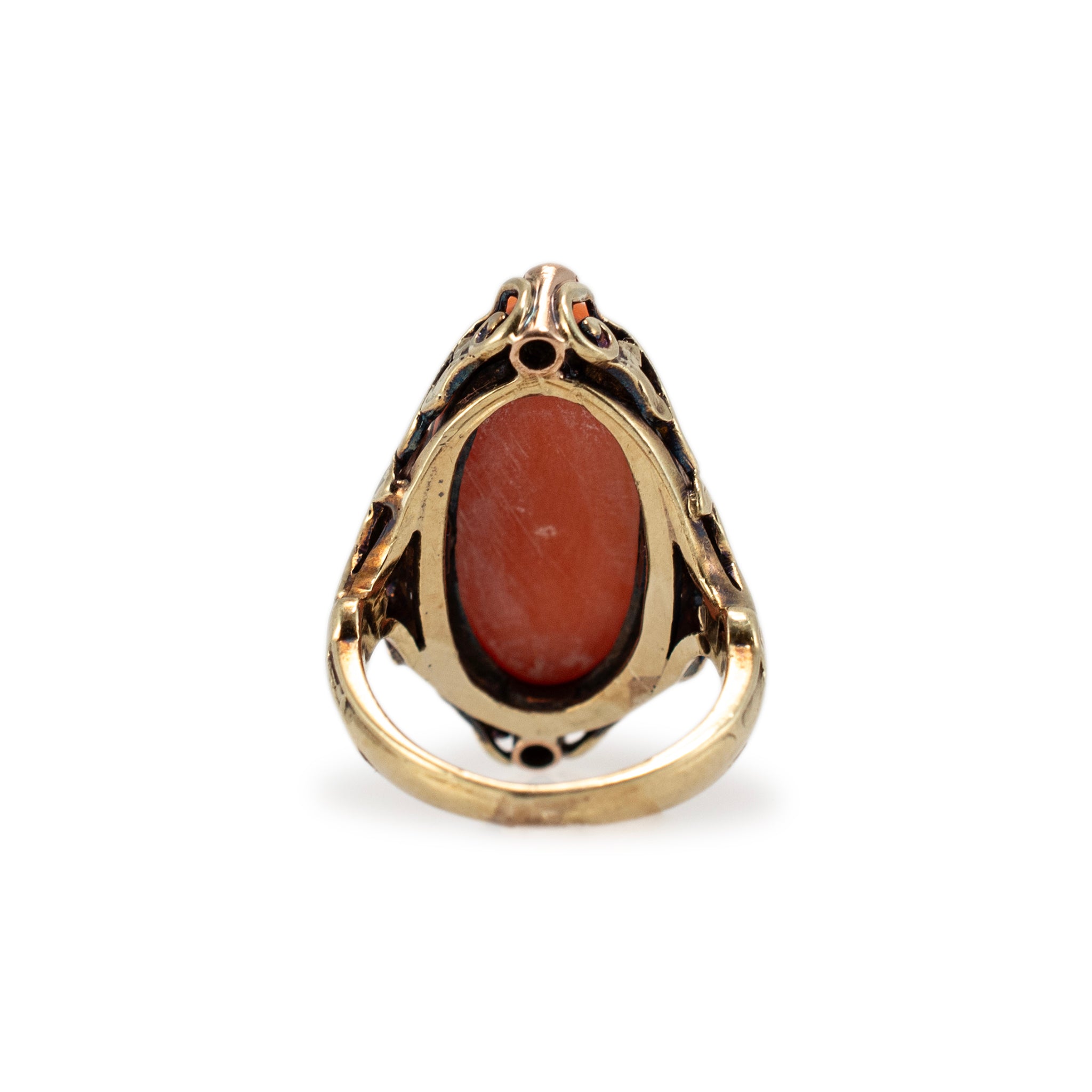 Handmade Vintage 14K Yellow Gold Carved Salmon Coral Cameo Diamond Cocktail Ring