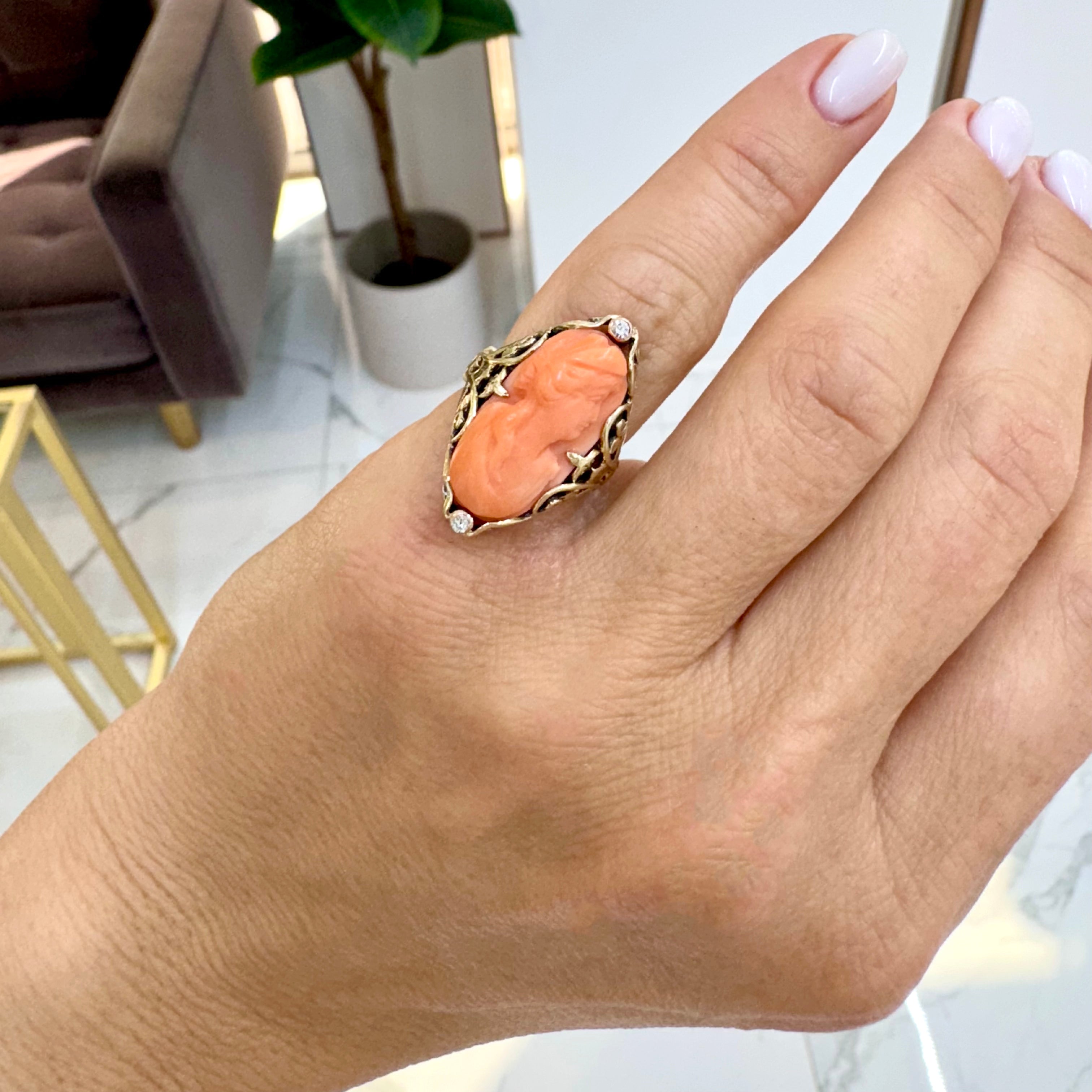 Handmade Vintage 14K Yellow Gold Carved Salmon Coral Cameo Diamond Cocktail Ring