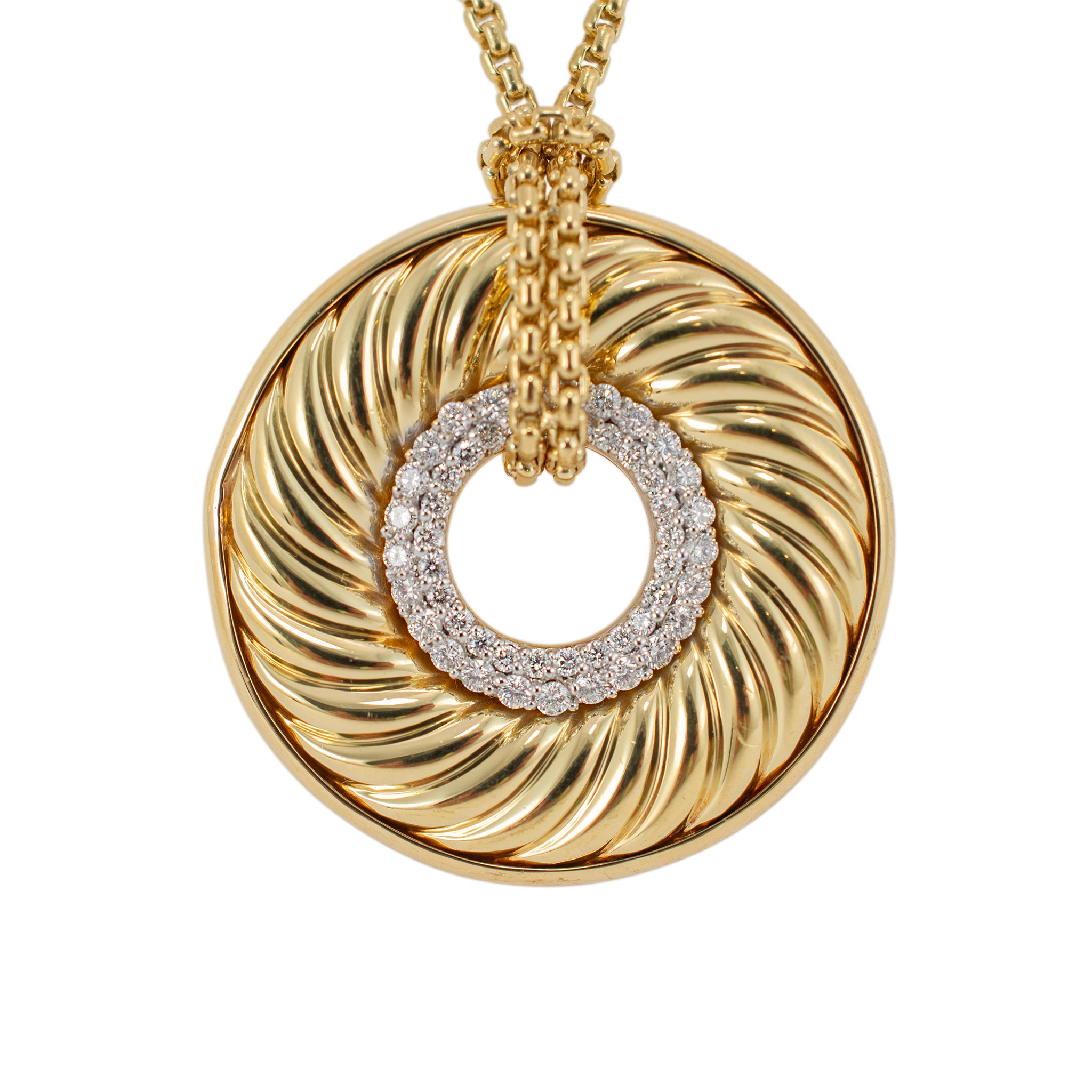 David Yurman 18K Yellow Gold Circle Cable Disc Pave Diamond Pendant Necklace