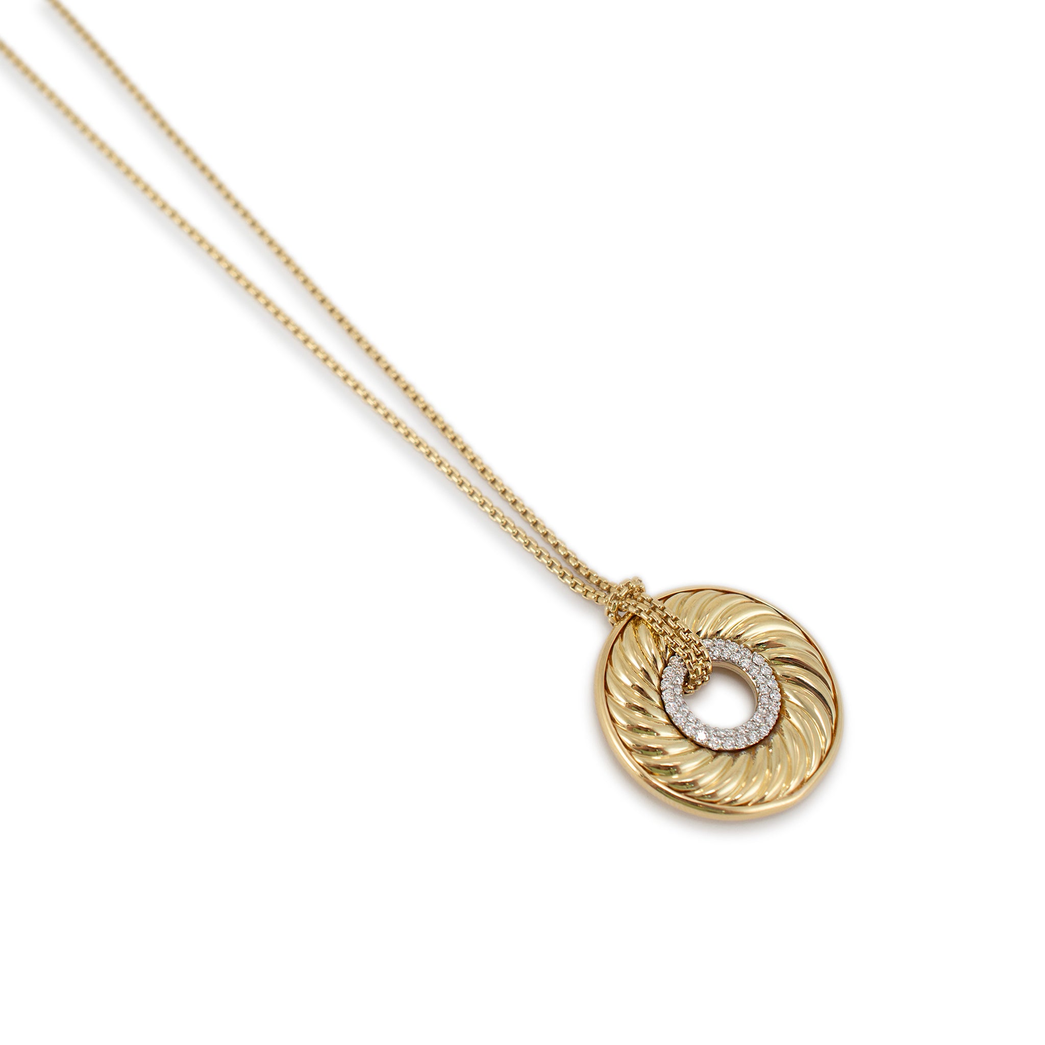 David Yurman 18K Yellow Gold Circle Cable Disc Pave Diamond Pendant Necklace