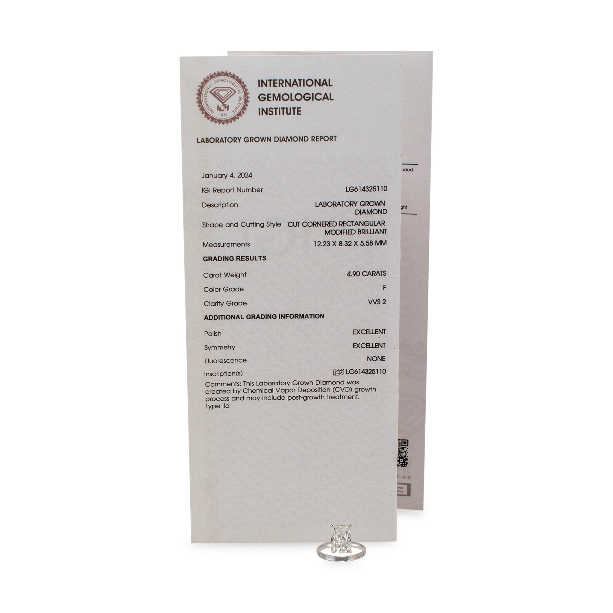 14K White Gold IGI 4.90ct F VVS2 Radiant Cut Lab Grown Diamond Engagement Ring