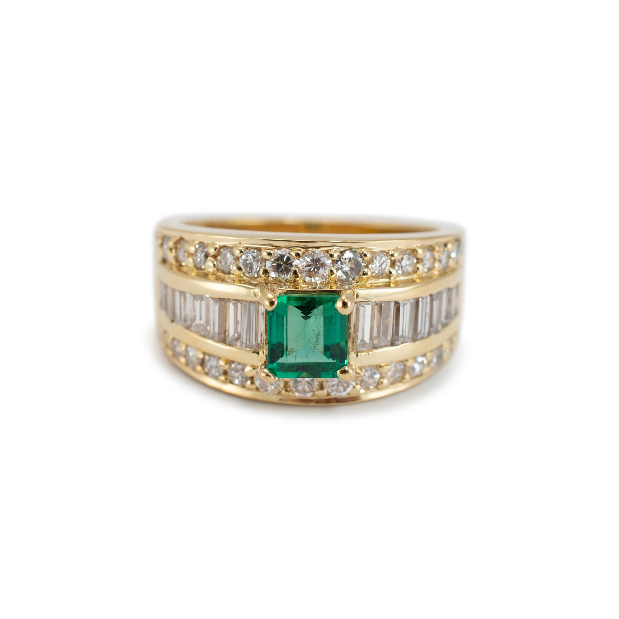 Vintage 18K Yellow Gold Emerald Accented Baguette & Round Diamond Cocktail Ring