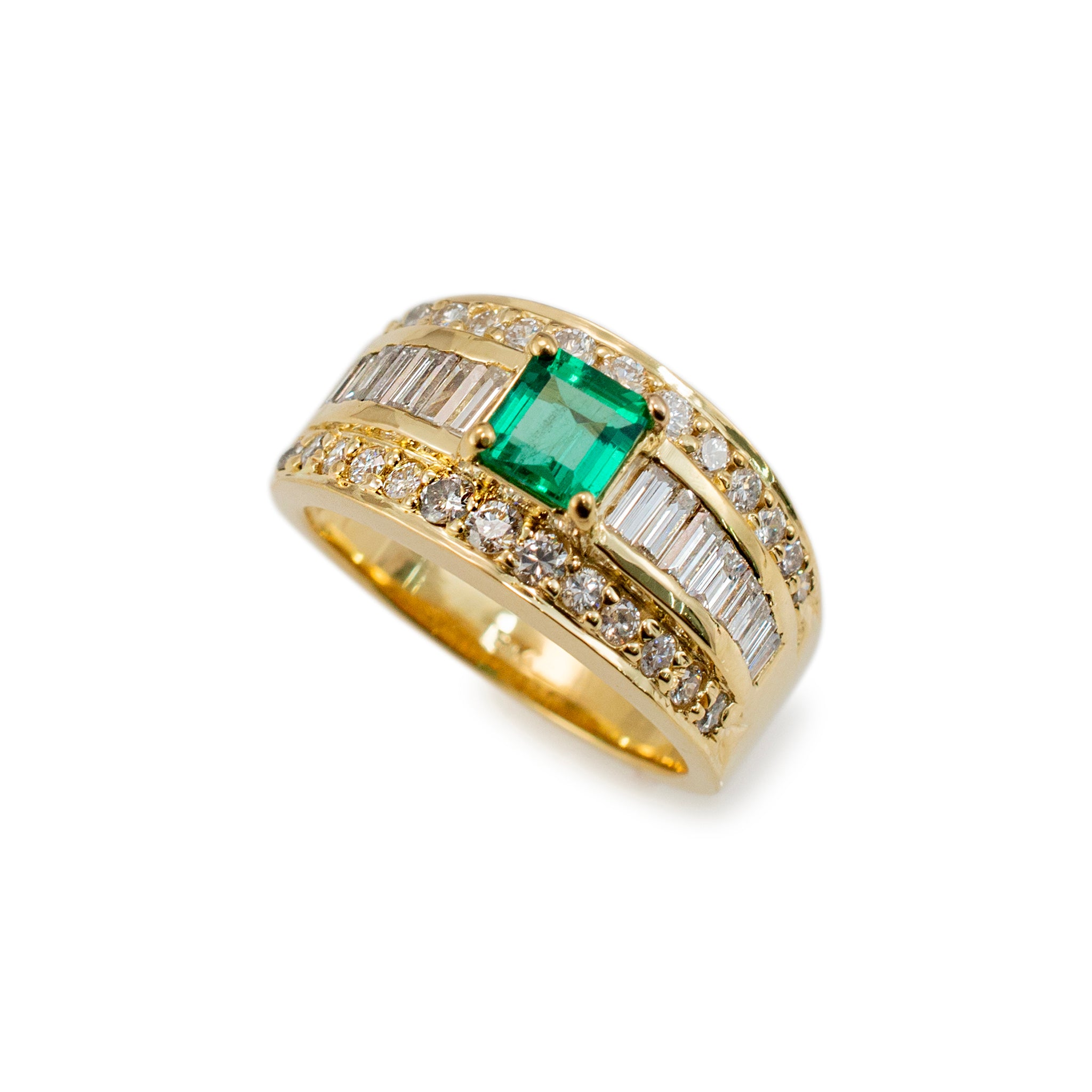 Vintage 18K Yellow Gold Emerald Accented Baguette & Round Diamond Cocktail Ring