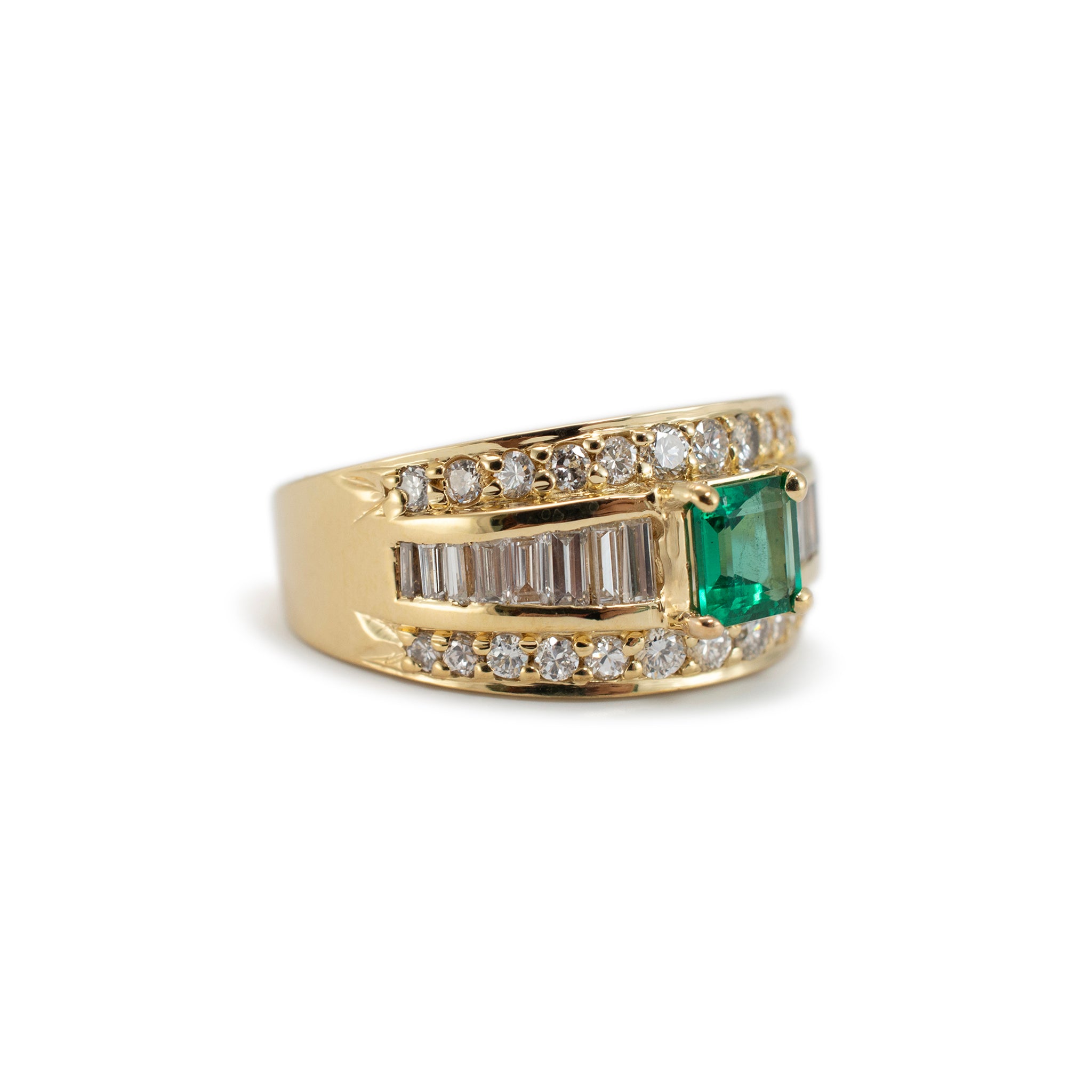 Vintage 18K Yellow Gold Emerald Accented Baguette & Round Diamond Cocktail Ring
