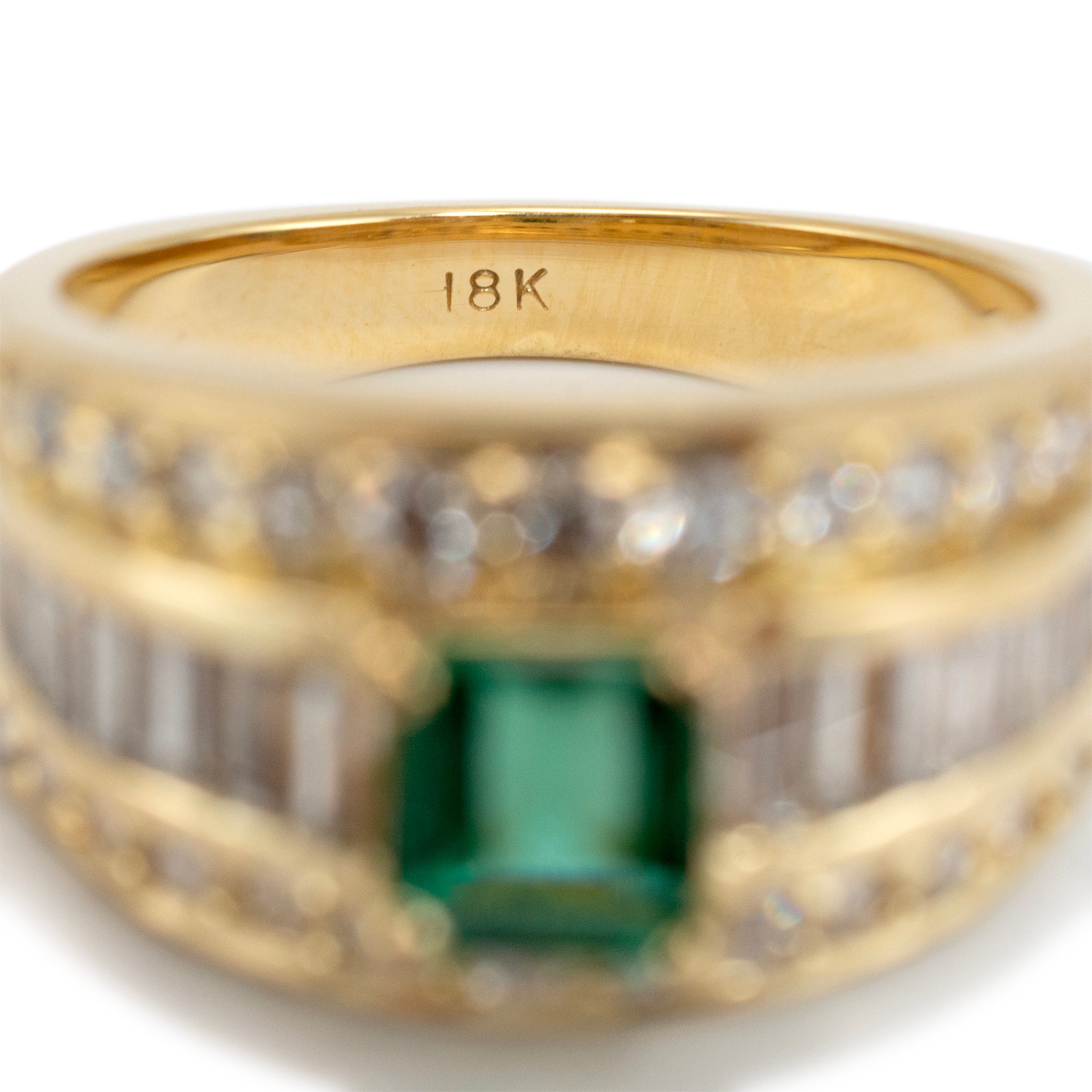 Vintage 18K Yellow Gold Emerald Accented Baguette & Round Diamond Cocktail Ring