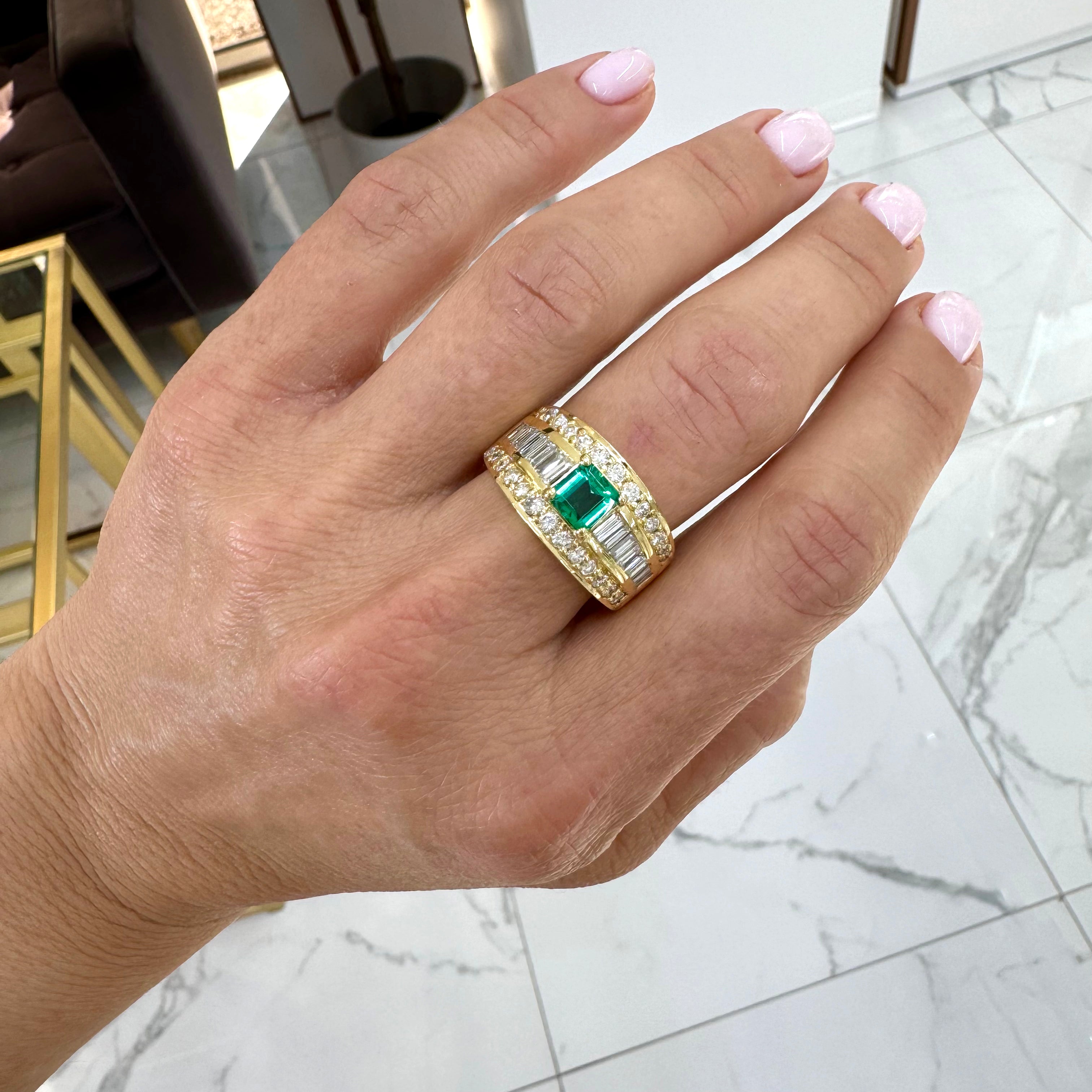 Vintage 18K Yellow Gold Emerald Accented Baguette & Round Diamond Cocktail Ring