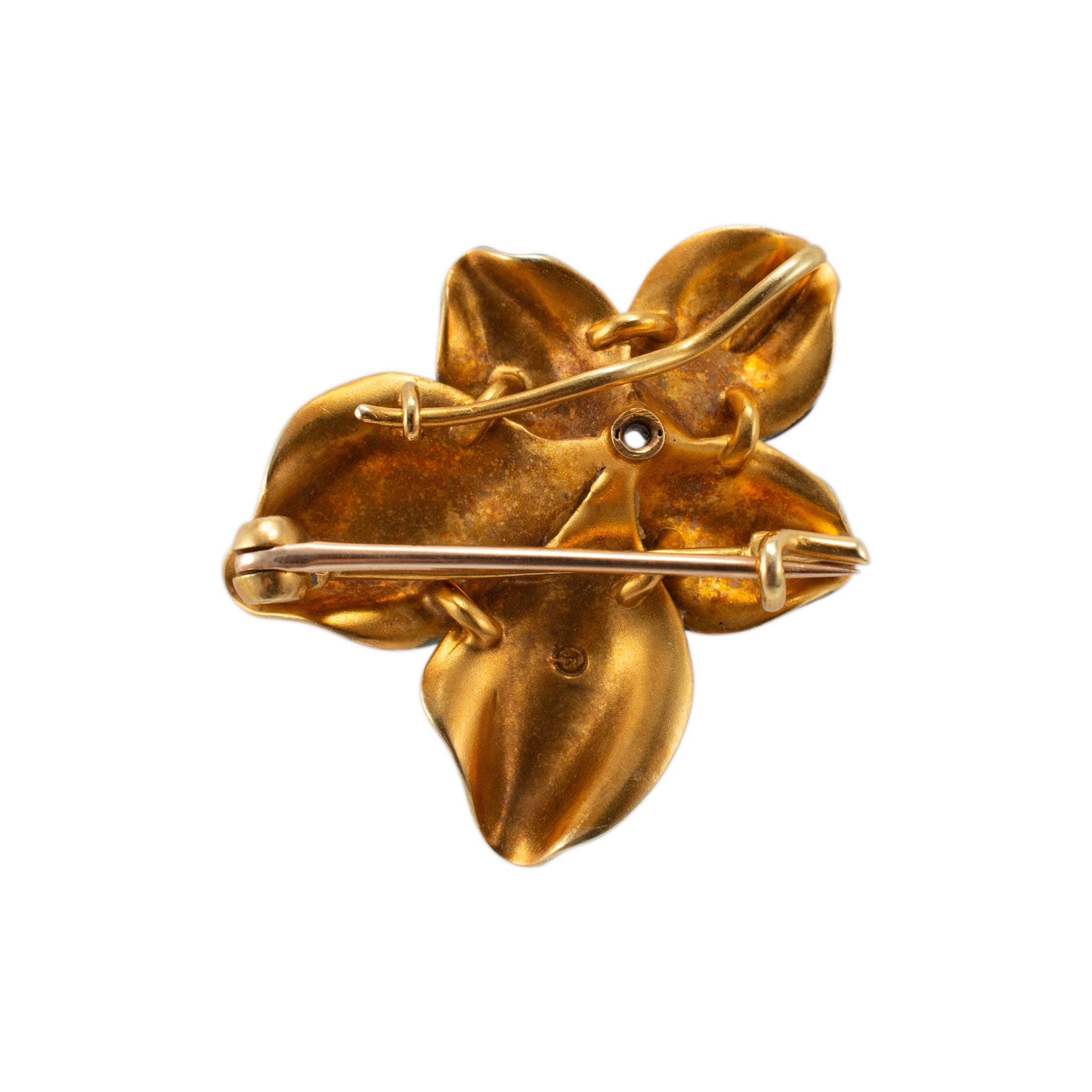 Antique 18K Yellow Gold Enamel Violet Old European Cut Diamond Brooch