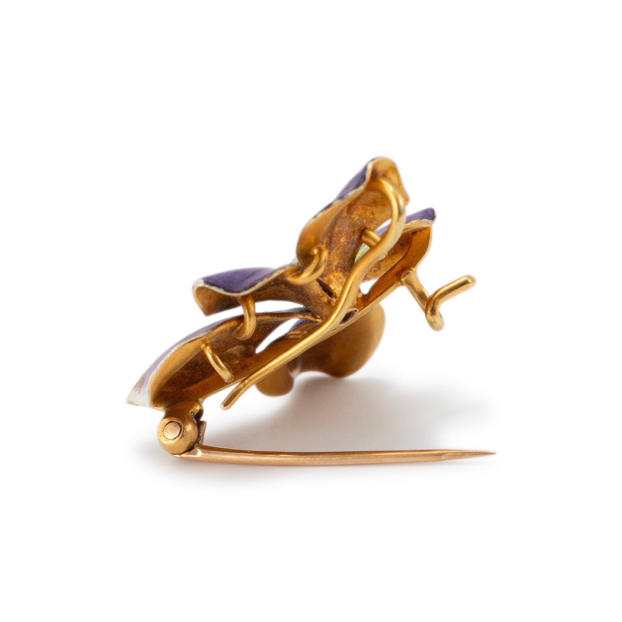 Antique 18K Yellow Gold Enamel Violet Old European Cut Diamond Brooch