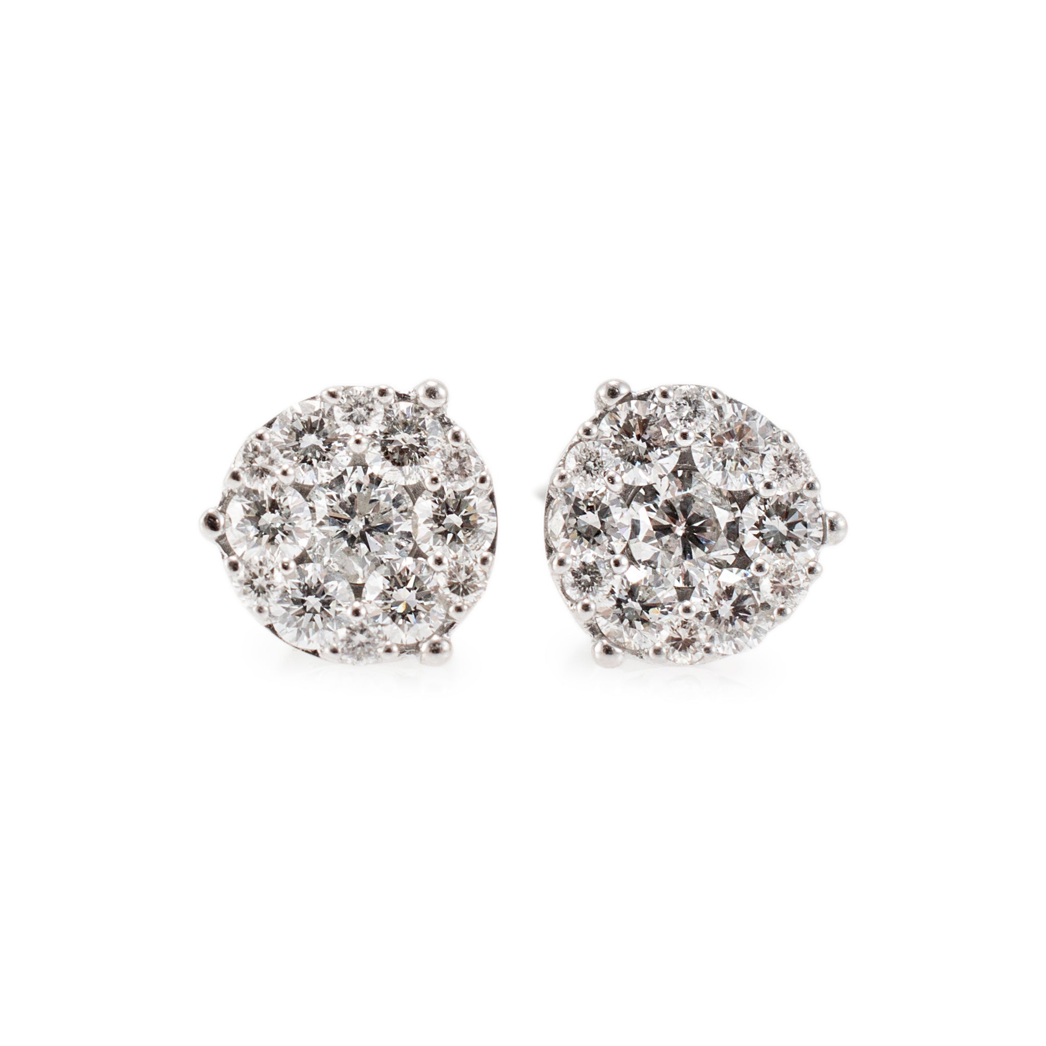 14K White Gold Cluster Halo Diamond Push Back Stud Earrings