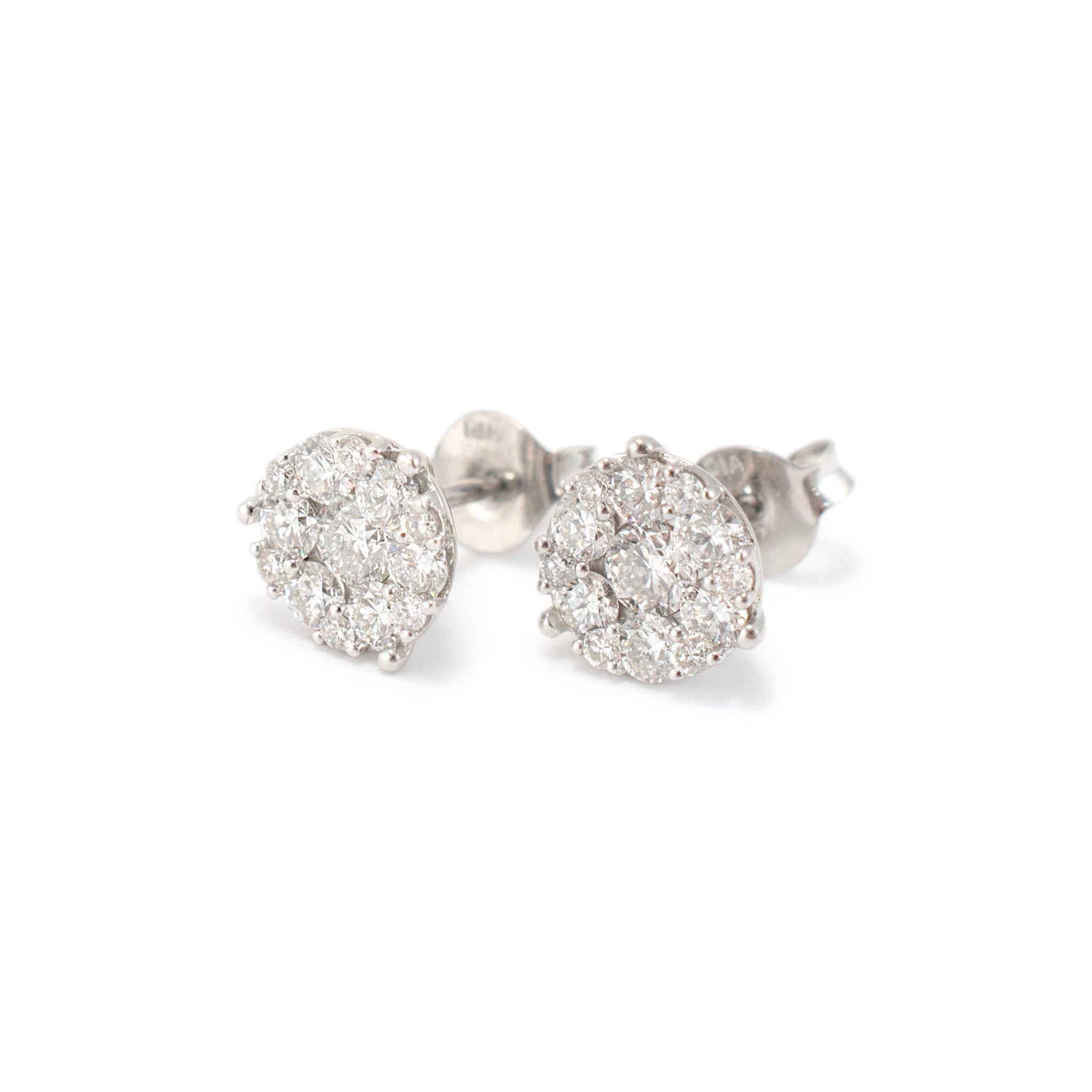 14K White Gold Cluster Halo Diamond Push Back Stud Earrings