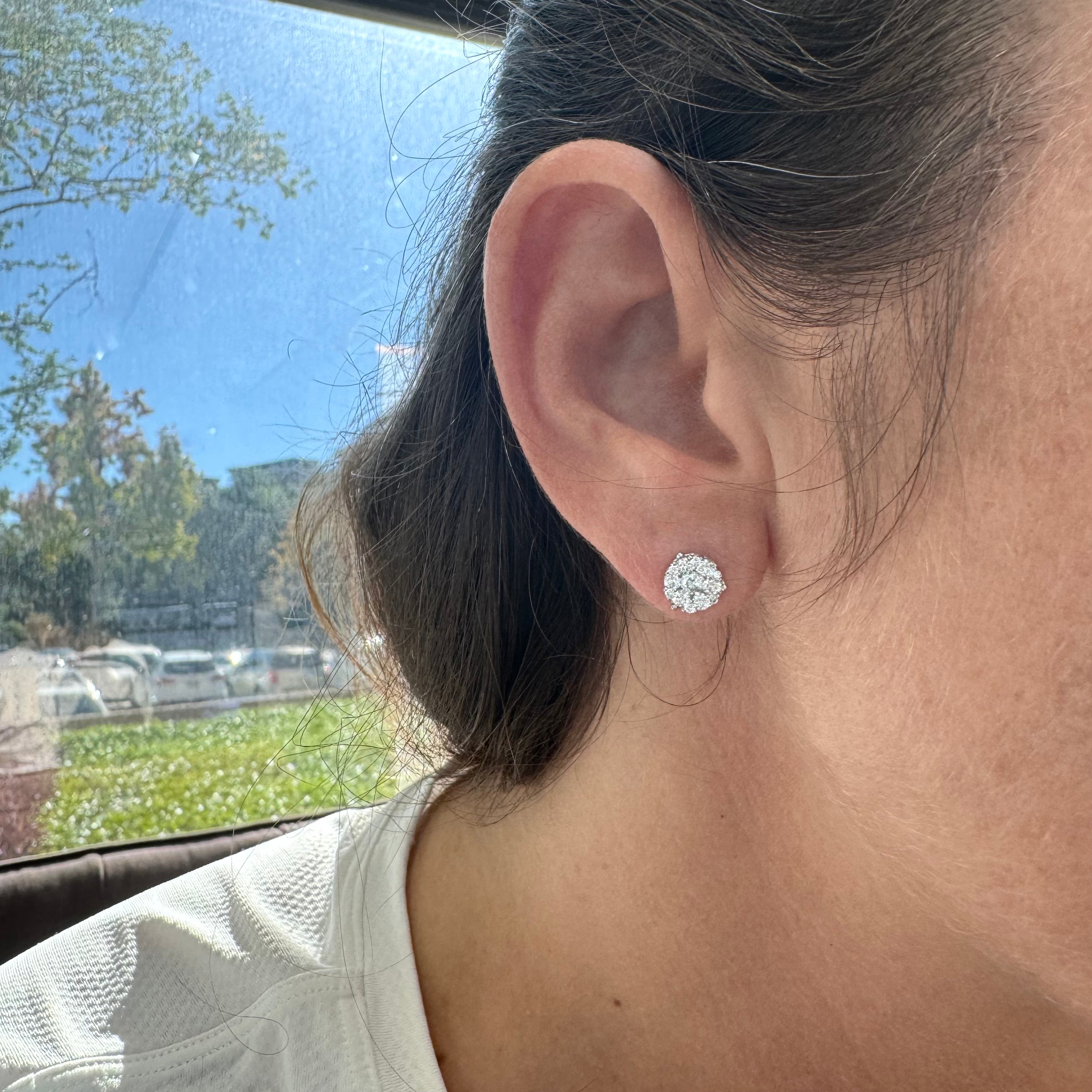 14K White Gold Cluster Halo Diamond Push Back Stud Earrings