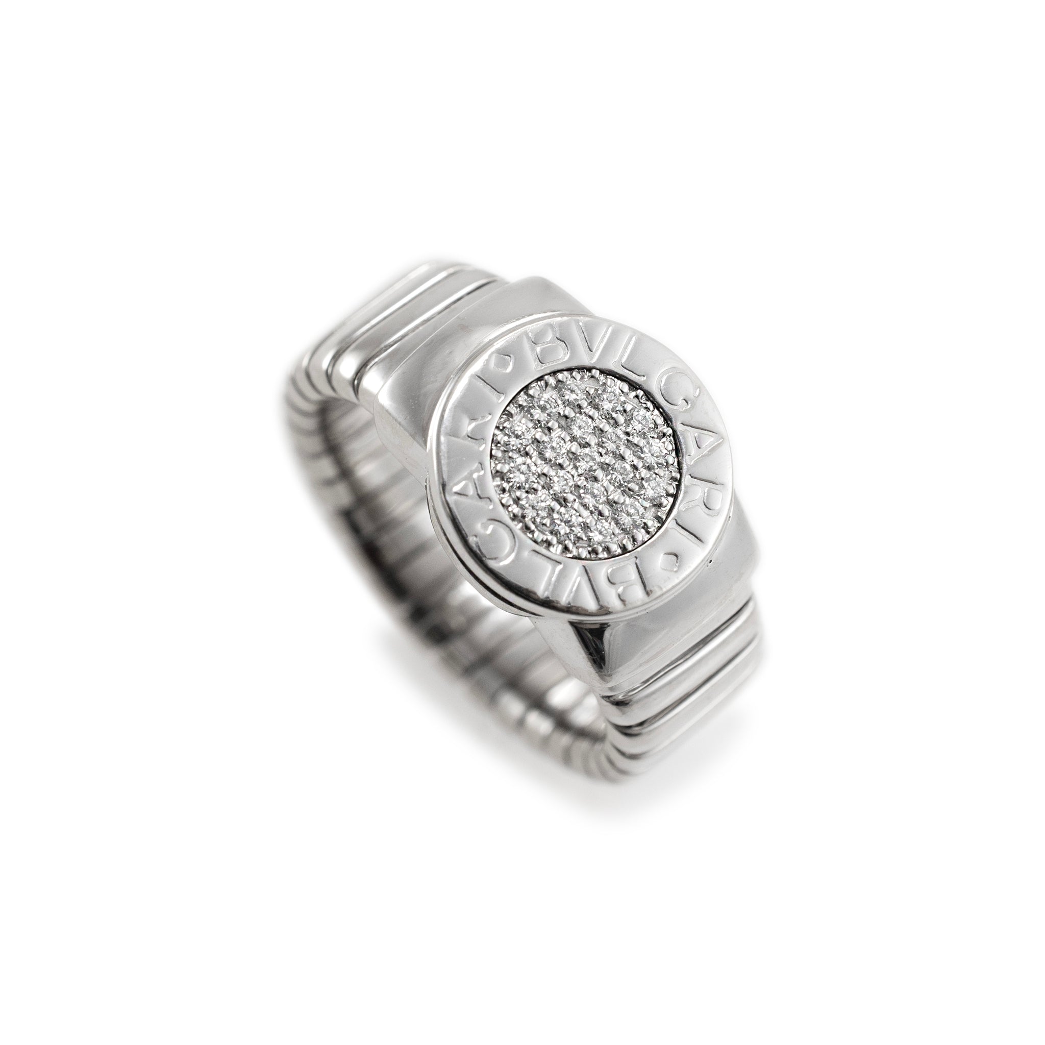 Bvlgari Bvlgari Tubogas 18K White Gold Circle Pave Diamond Cocktail Ring