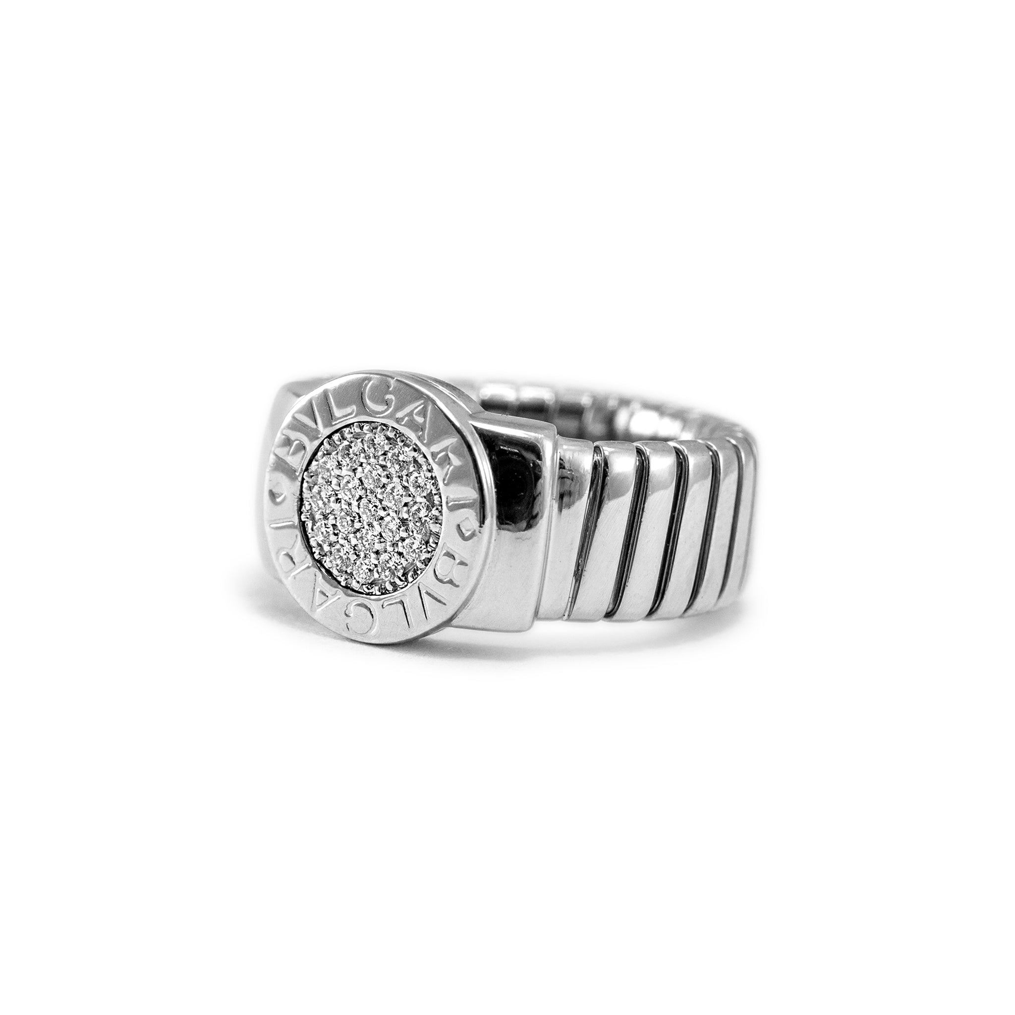 Bvlgari Bvlgari Tubogas 18K White Gold Circle Pave Diamond Cocktail Ring