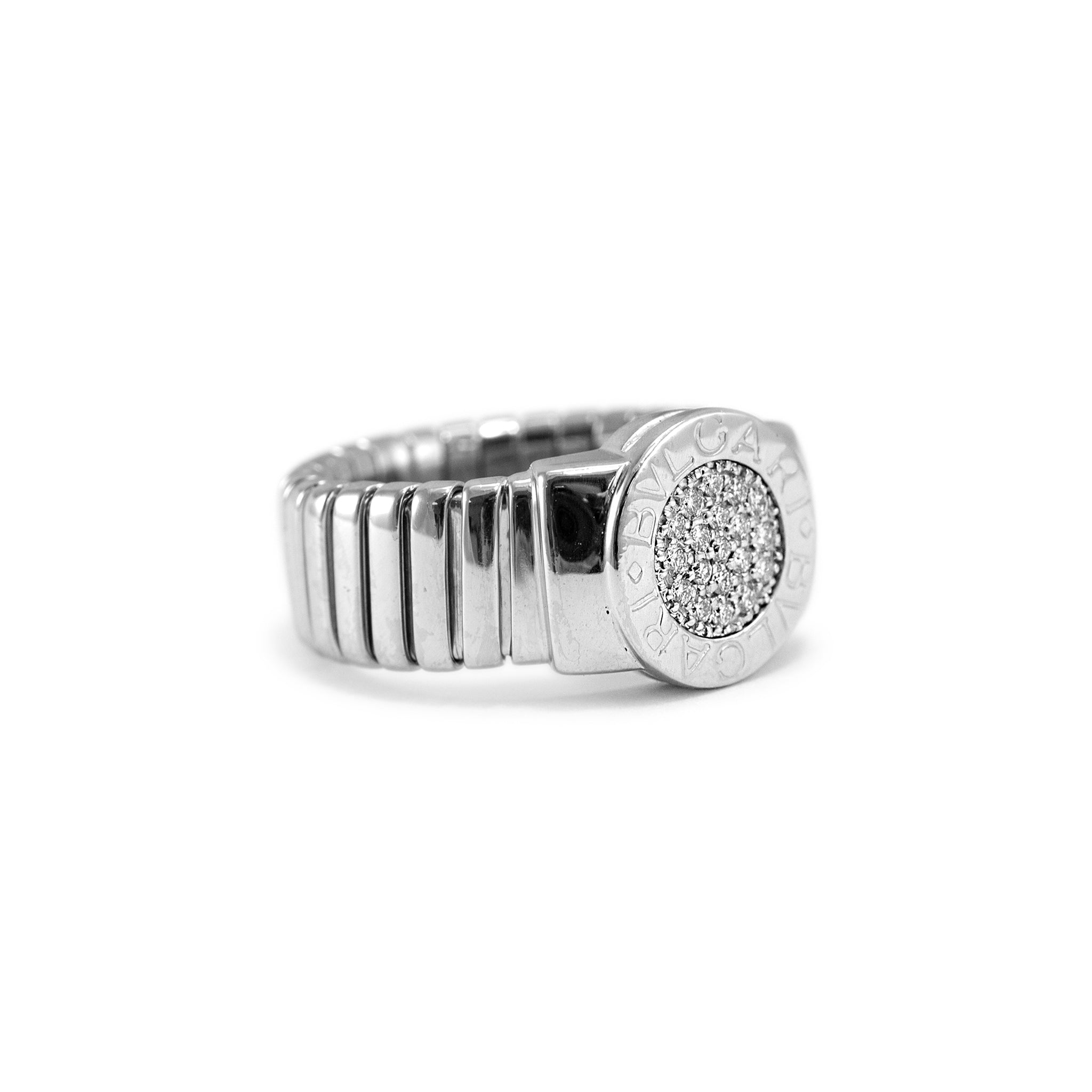 Bvlgari Bvlgari Tubogas 18K White Gold Circle Pave Diamond Cocktail Ring