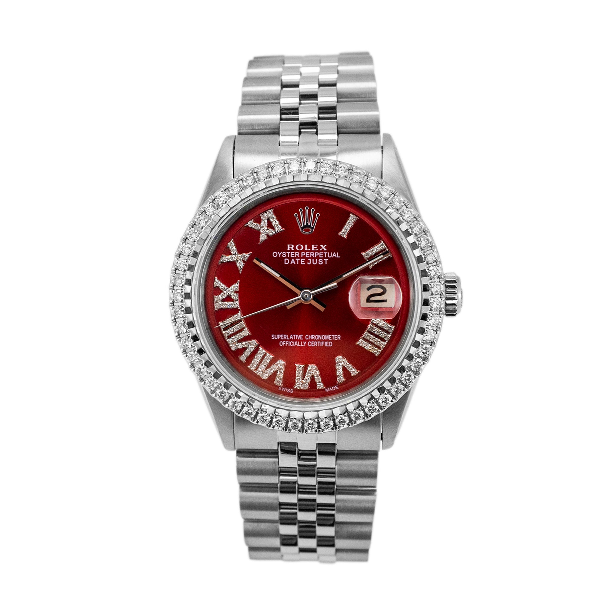 Rolex Datejust 36MM 1601 Red Roman Dial Diamond Jubilee Stainless Steel Watch