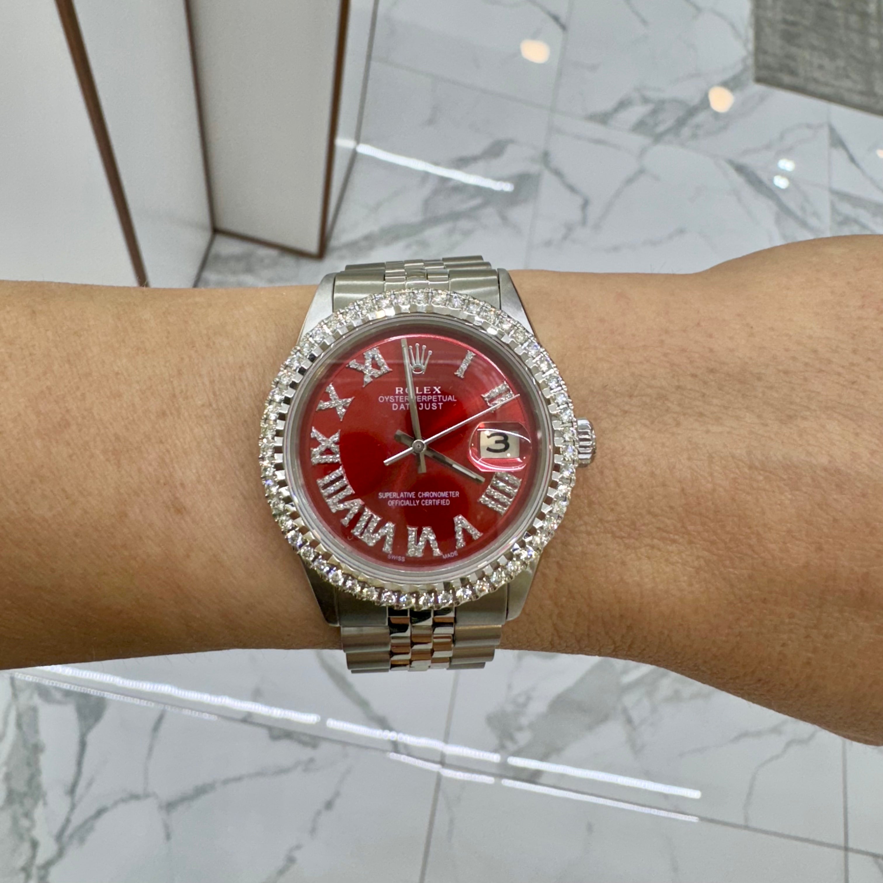 Rolex Datejust 36MM 1601 Red Roman Dial Diamond Jubilee Stainless Steel Watch