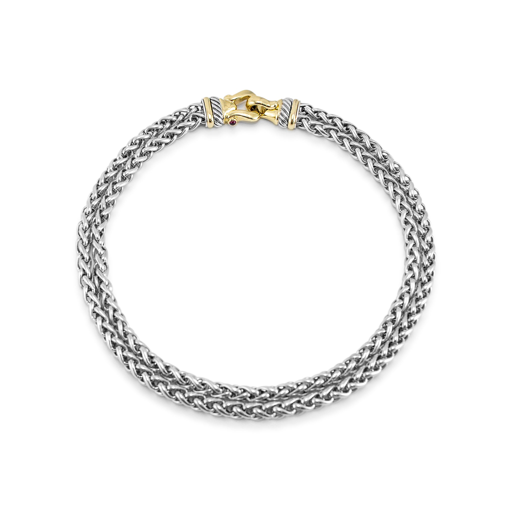 David Yurman 925 Sterling Silver Yellow Gold Buckle Double Wheat Chain Necklace