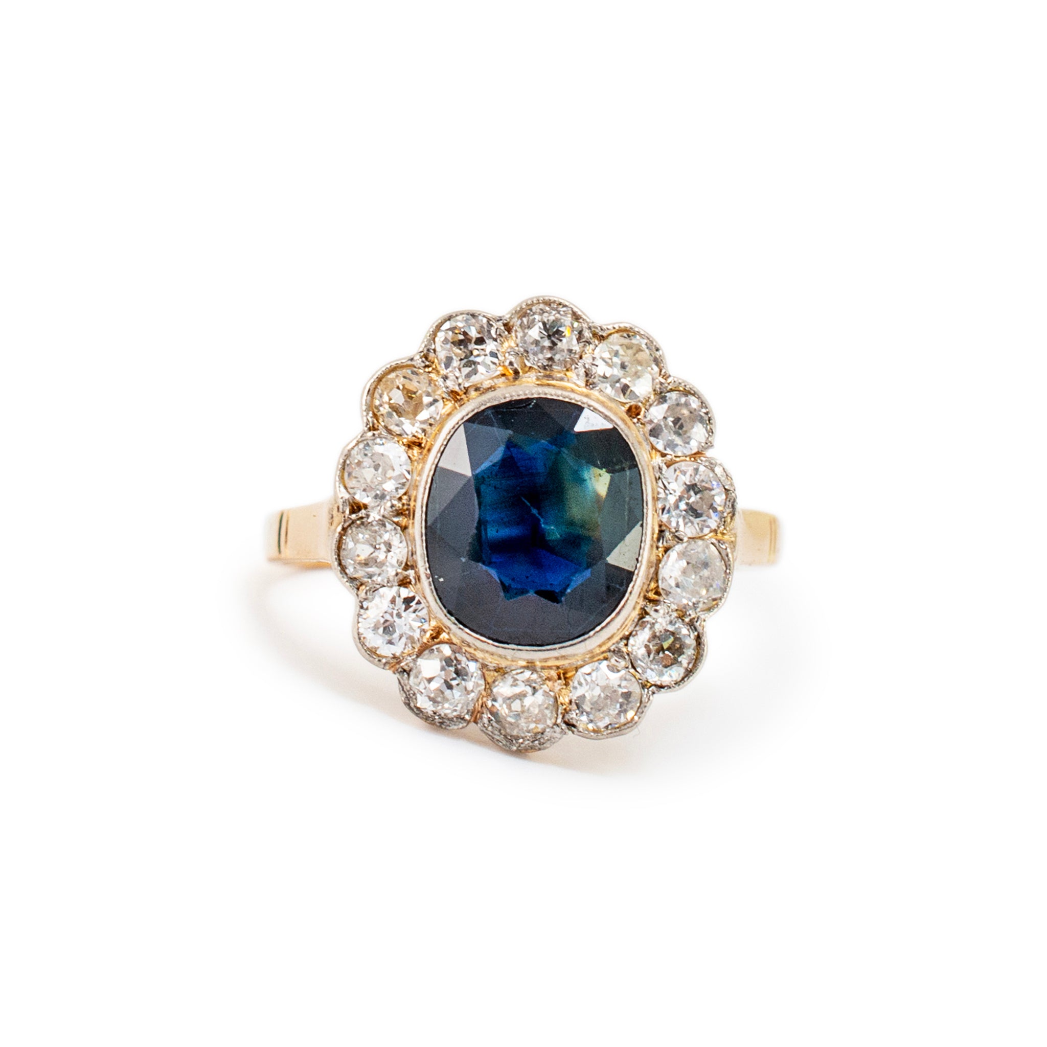 Antique 18K Yellow Gold Australian Sapphire Old European Diamond Cocktail Ring