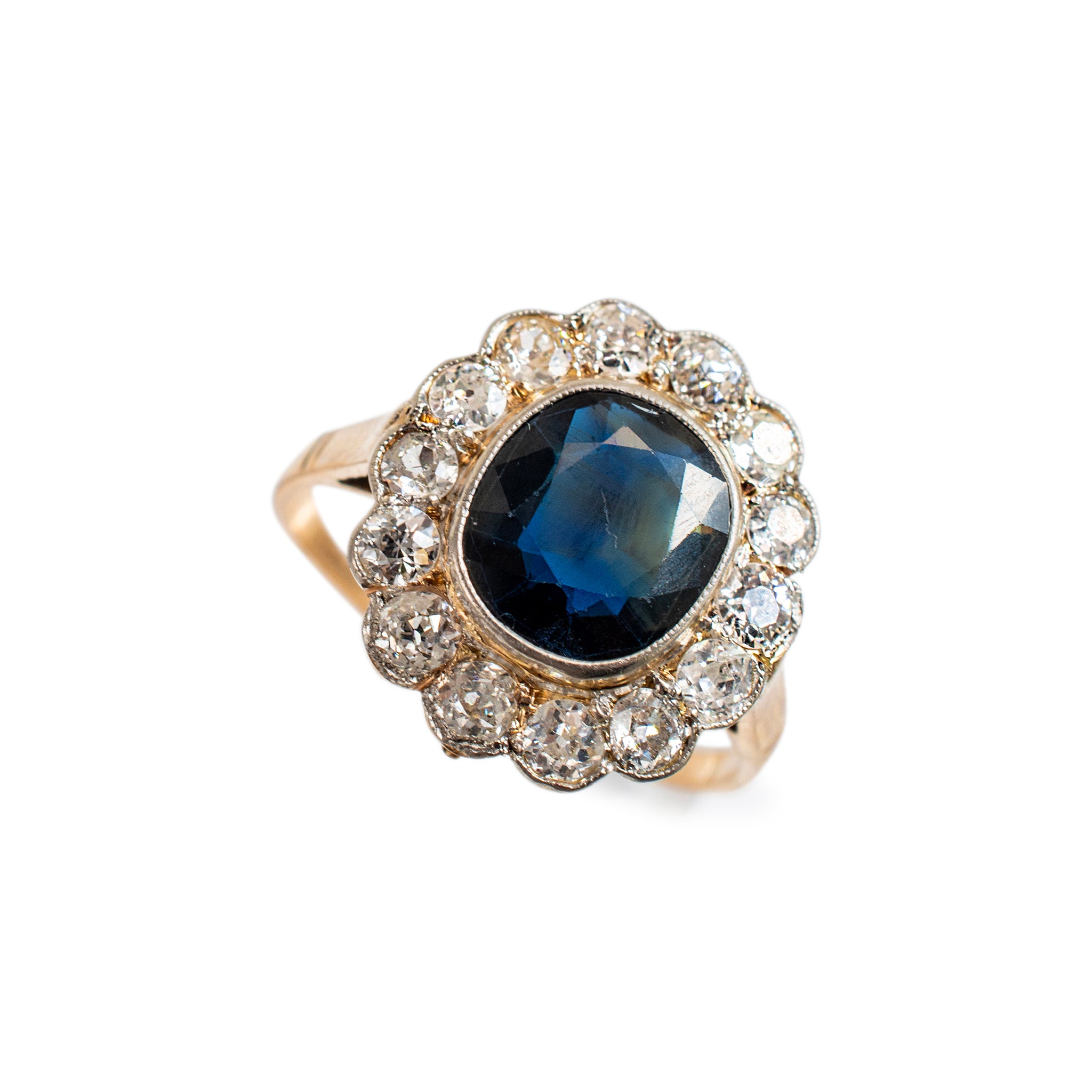 Antique 18K Yellow Gold Australian Sapphire Old European Diamond Cocktail Ring