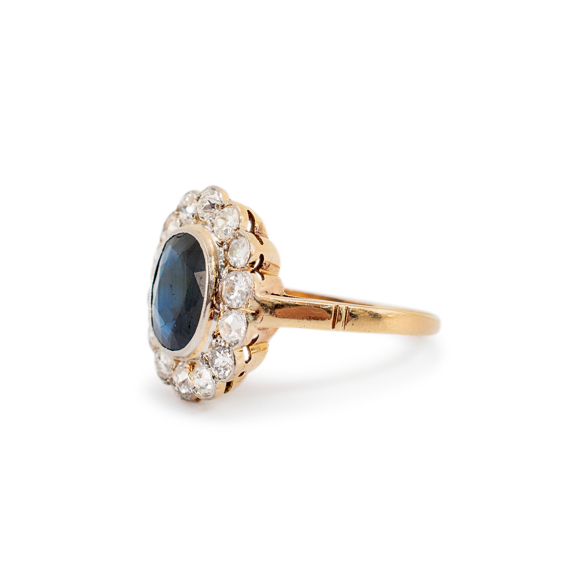 Antique 18K Yellow Gold Australian Sapphire Old European Diamond Cocktail Ring