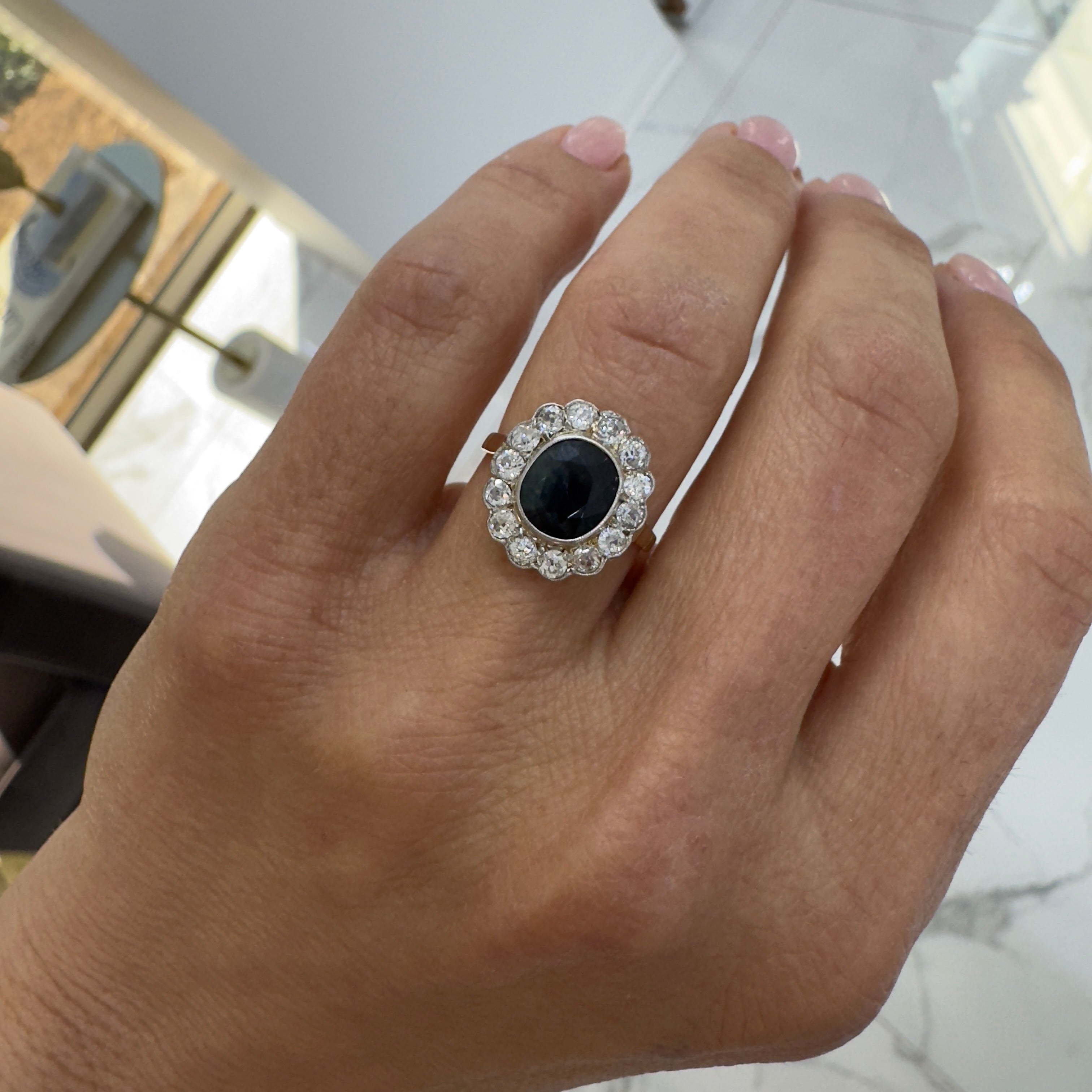 Antique 18K Yellow Gold Australian Sapphire Old European Diamond Cocktail Ring