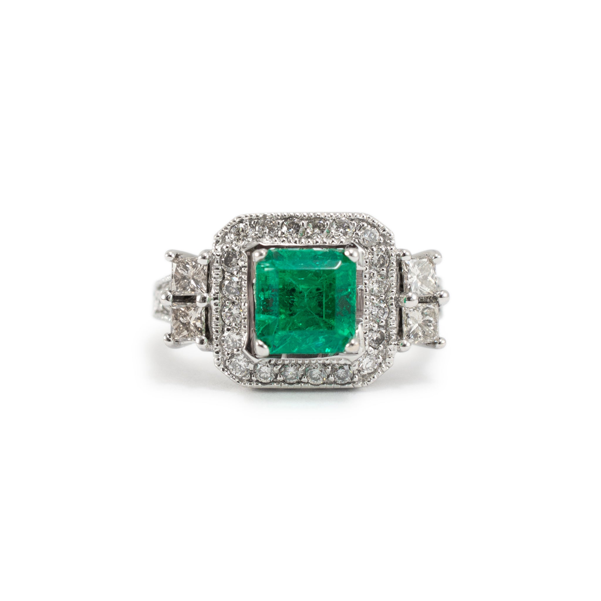 Ladies 18K White Gold GIA Colombian Emerald Halo Accented Diamond Cocktail Ring