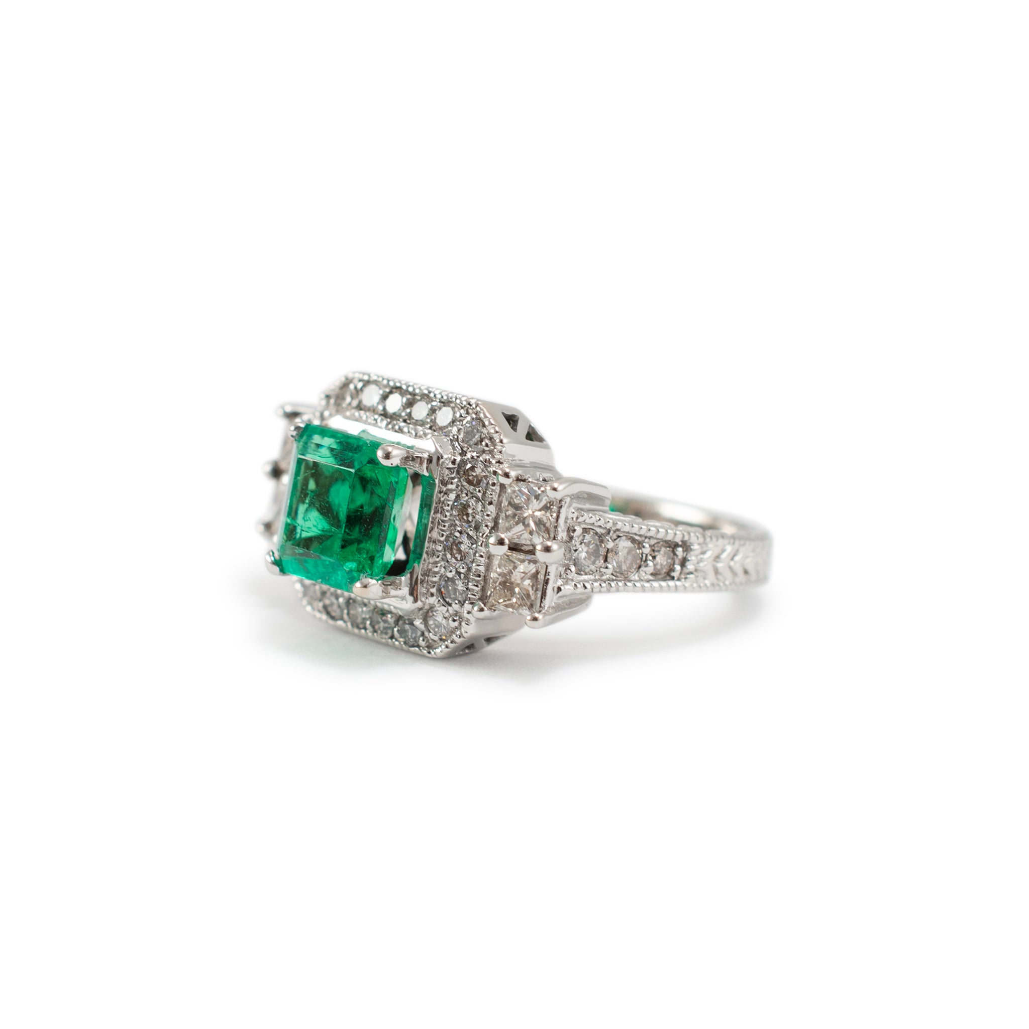 Ladies 18K White Gold GIA Colombian Emerald Halo Accented Diamond Cocktail Ring