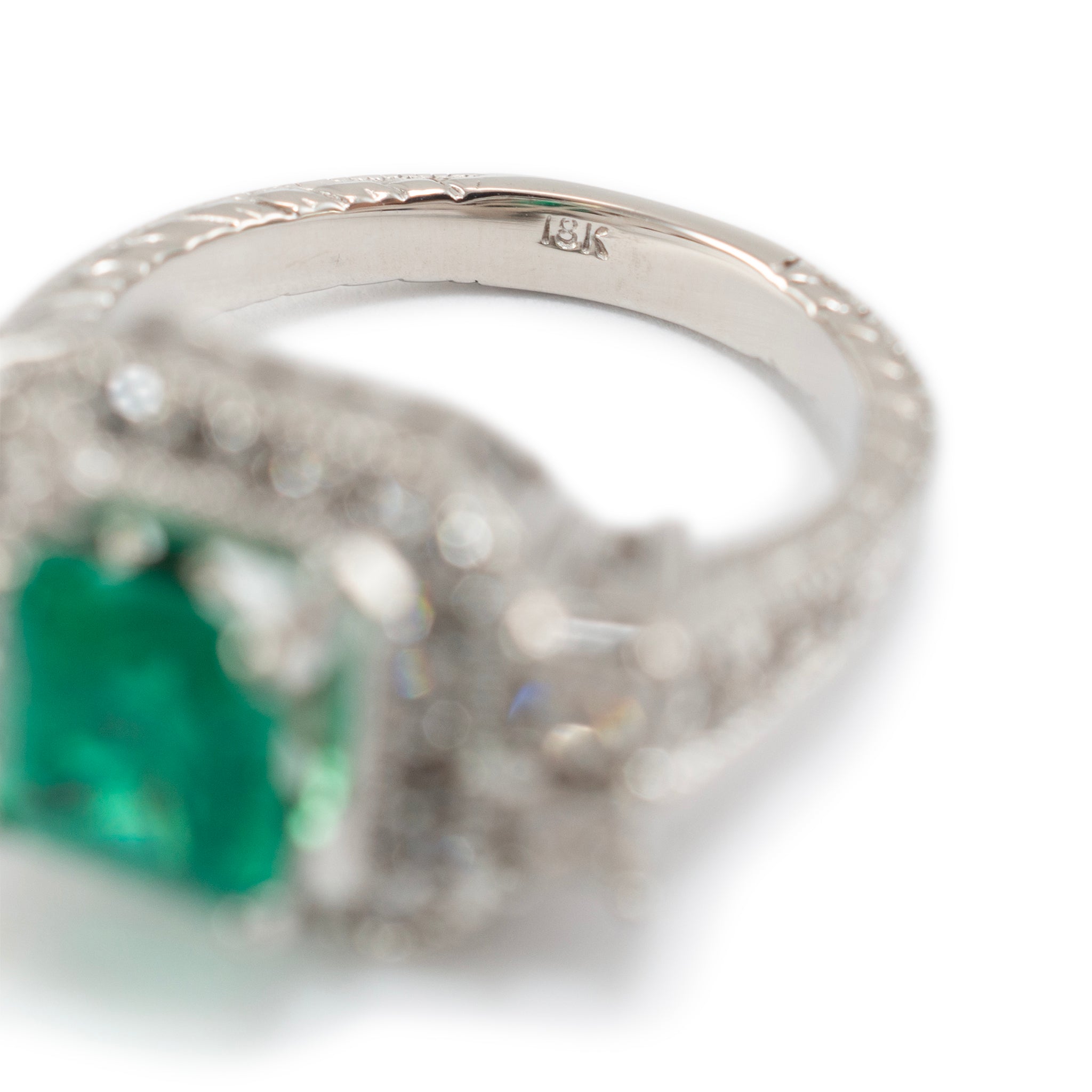 Ladies 18K White Gold GIA Colombian Emerald Halo Accented Diamond Cocktail Ring