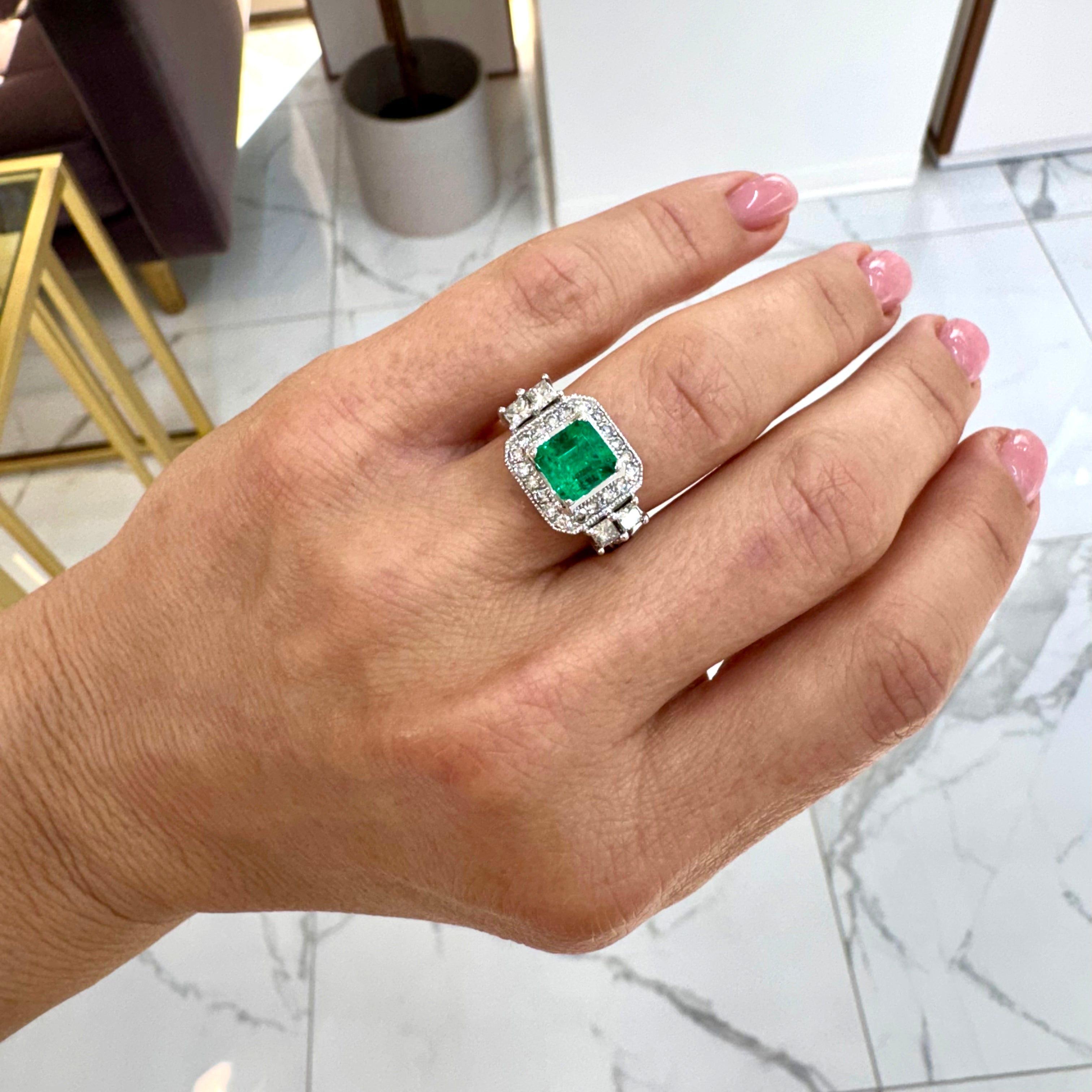 Ladies 18K White Gold GIA Colombian Emerald Halo Accented Diamond Cocktail Ring