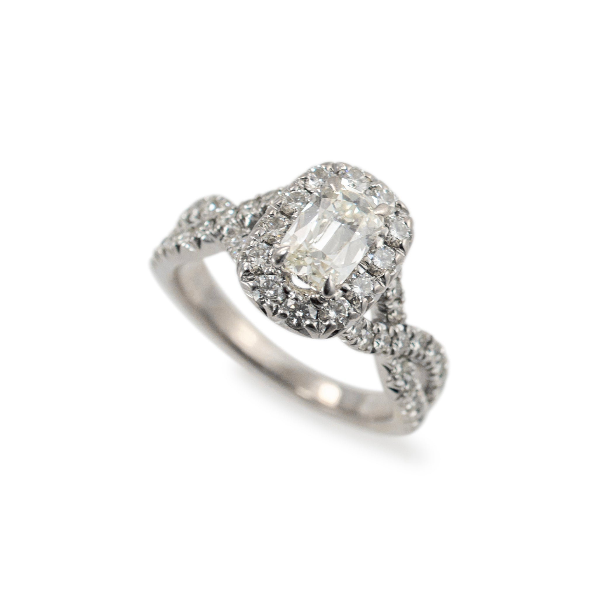 18K White Gold GIA 1.01ct Cushion Cut Diamond Crossover Shank Engagement Ring