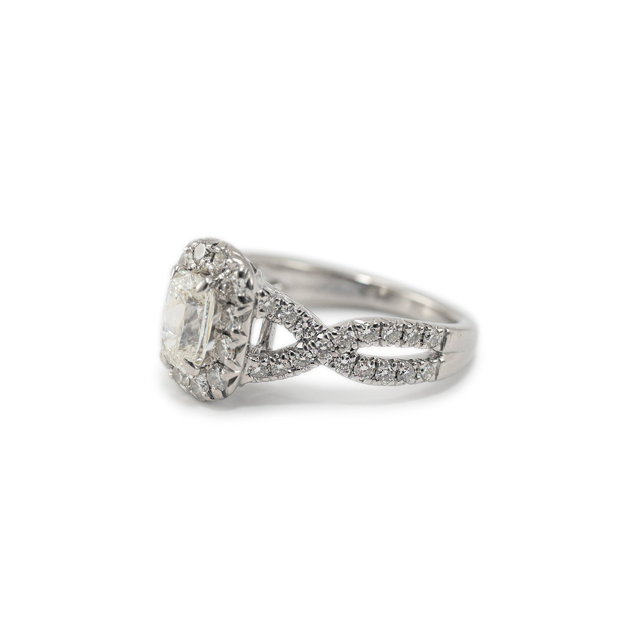 18K White Gold GIA 1.01ct Cushion Cut Diamond Crossover Shank Engagement Ring