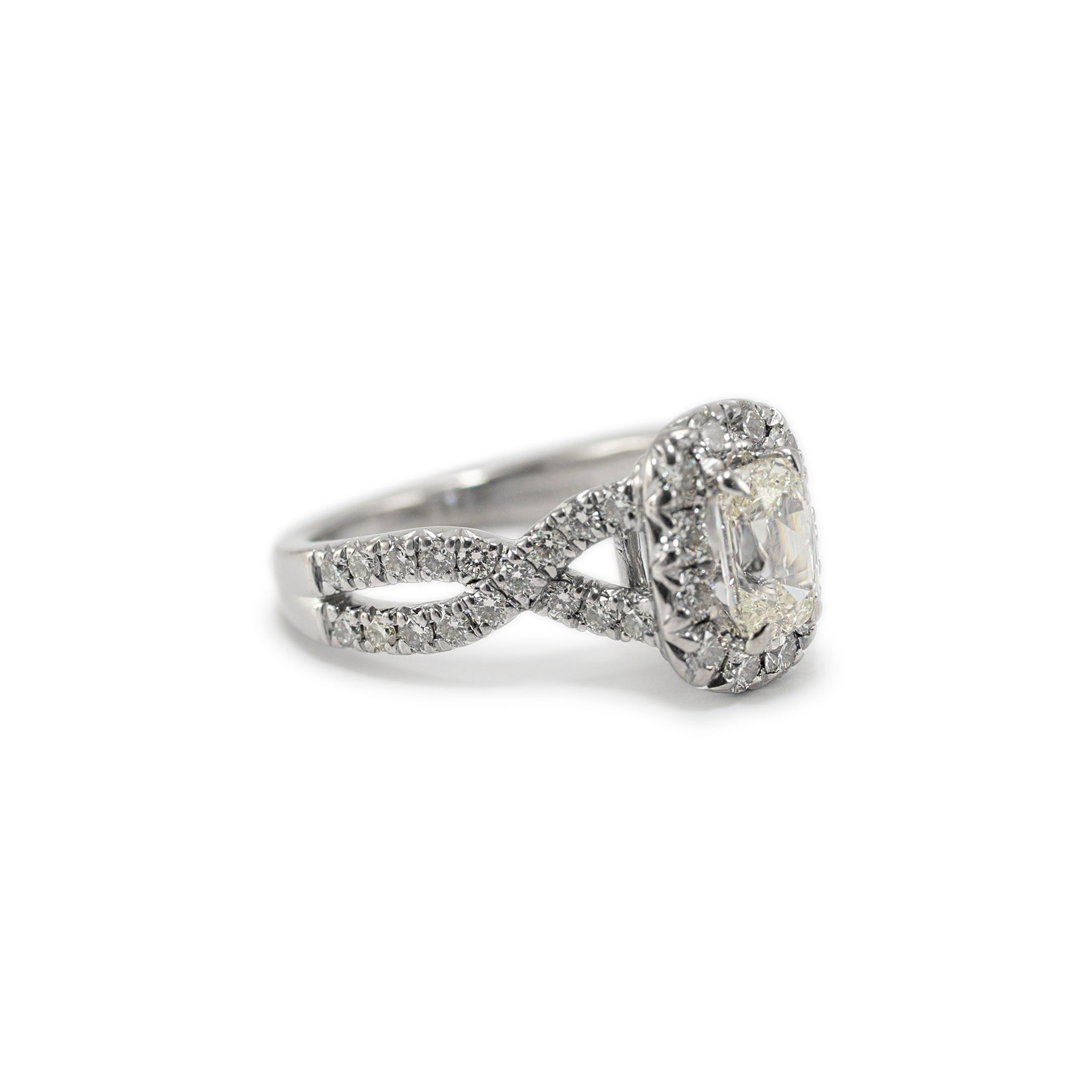 18K White Gold GIA 1.01ct Cushion Cut Diamond Crossover Shank Engagement Ring