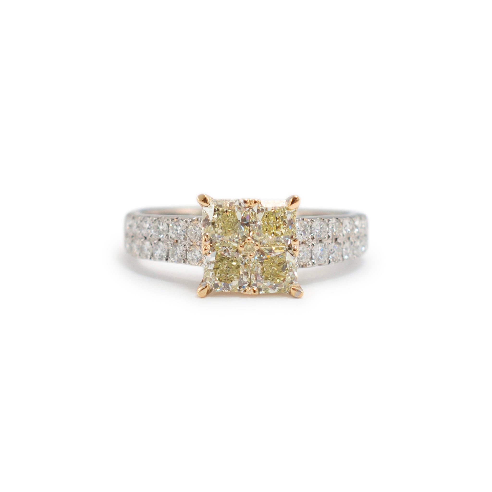18K Yellow Gold Fancy Yellow Cushion Two Row Accented Diamond Cocktail Ring