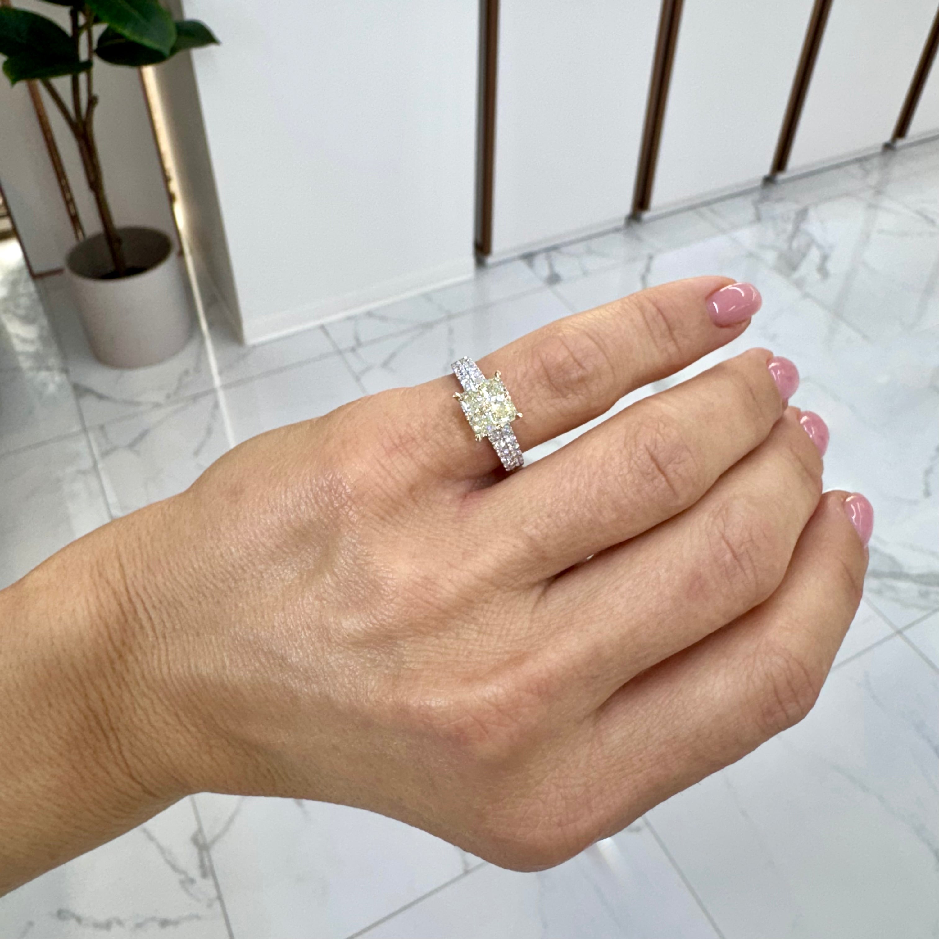 18K Yellow Gold Fancy Yellow Cushion Two Row Accented Diamond Cocktail Ring