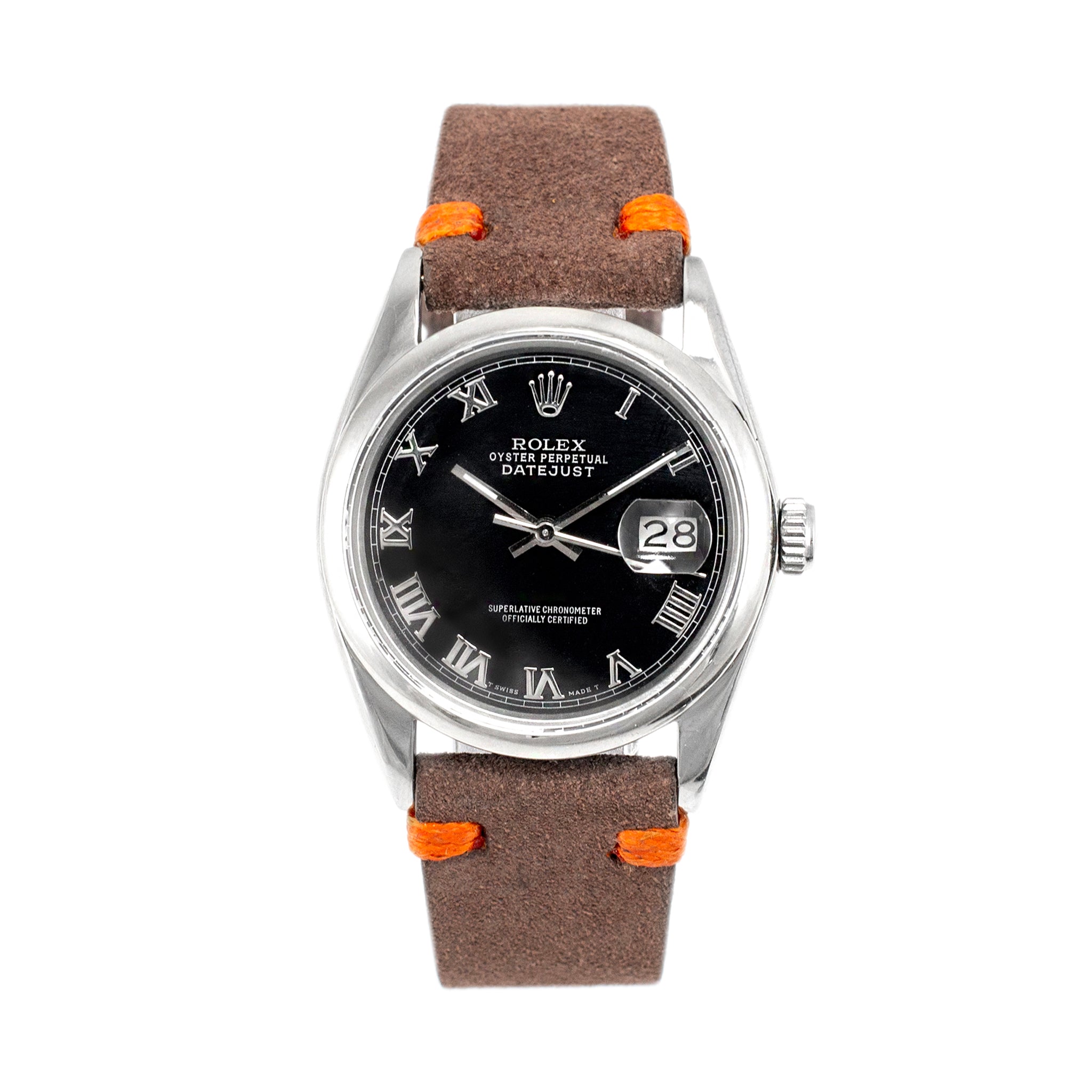 1978 Rolex Datejust 36MM 16030 Black Roman Leather Strap Stainless Steel Watch