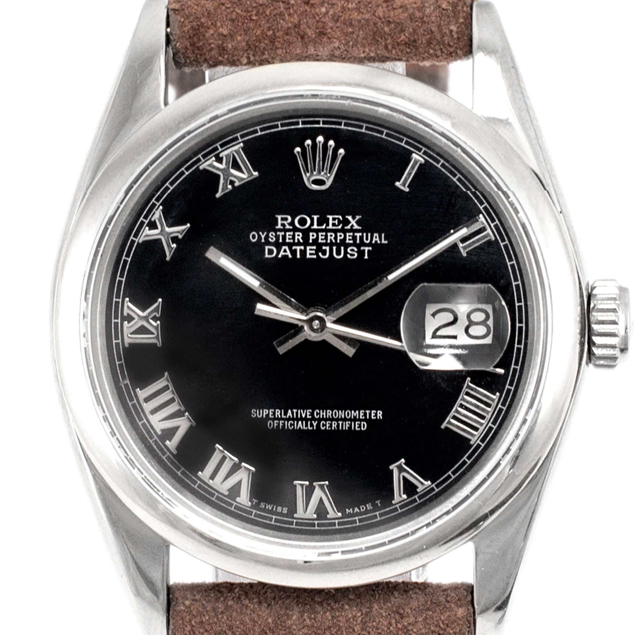 1978 Rolex Datejust 36MM 16030 Black Roman Leather Strap Stainless Steel Watch