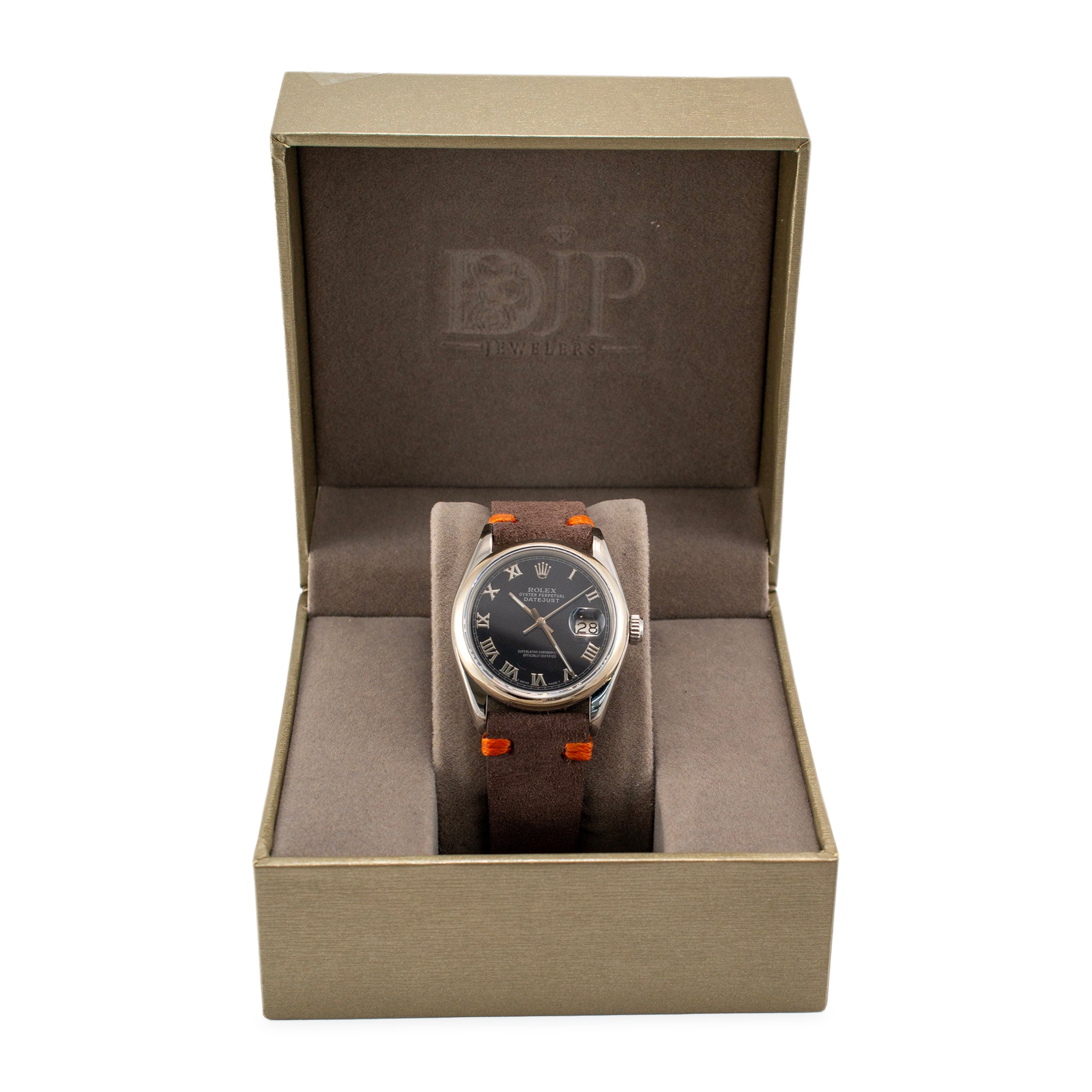 1978 Rolex Datejust 36MM 16030 Black Roman Leather Strap Stainless Steel Watch