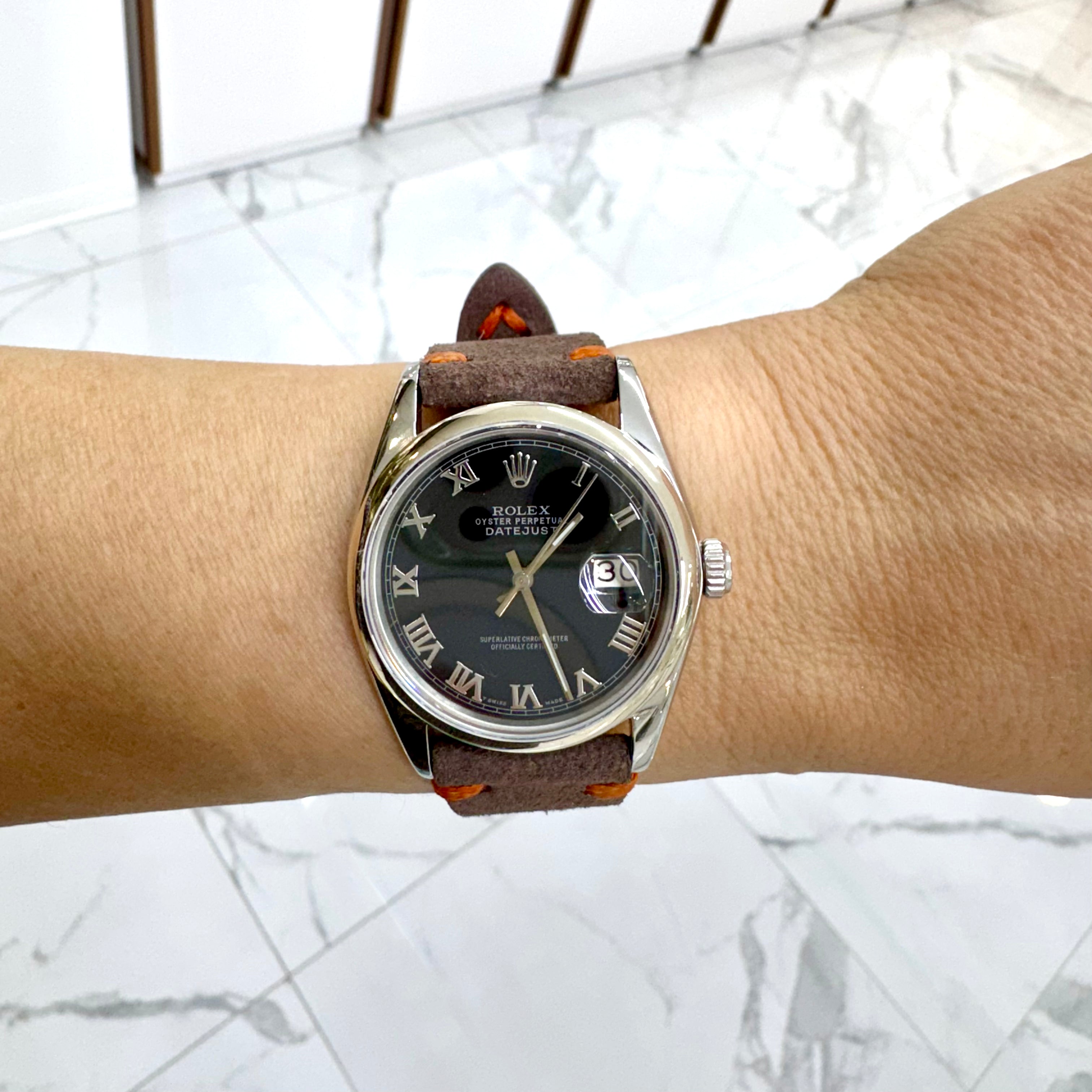 1978 Rolex Datejust 36MM 16030 Black Roman Leather Strap Stainless Steel Watch