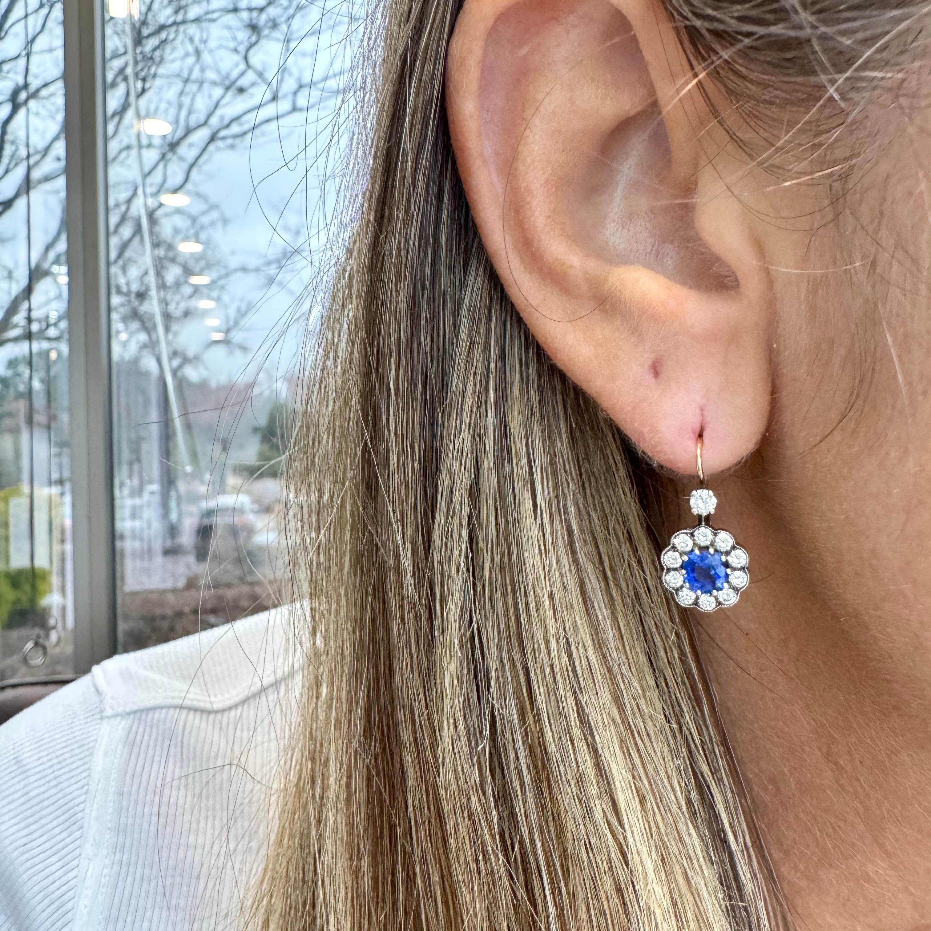 Antique 18K Yellow Gold GIA Sri Lanka Sapphires Old European Diamond Earrings