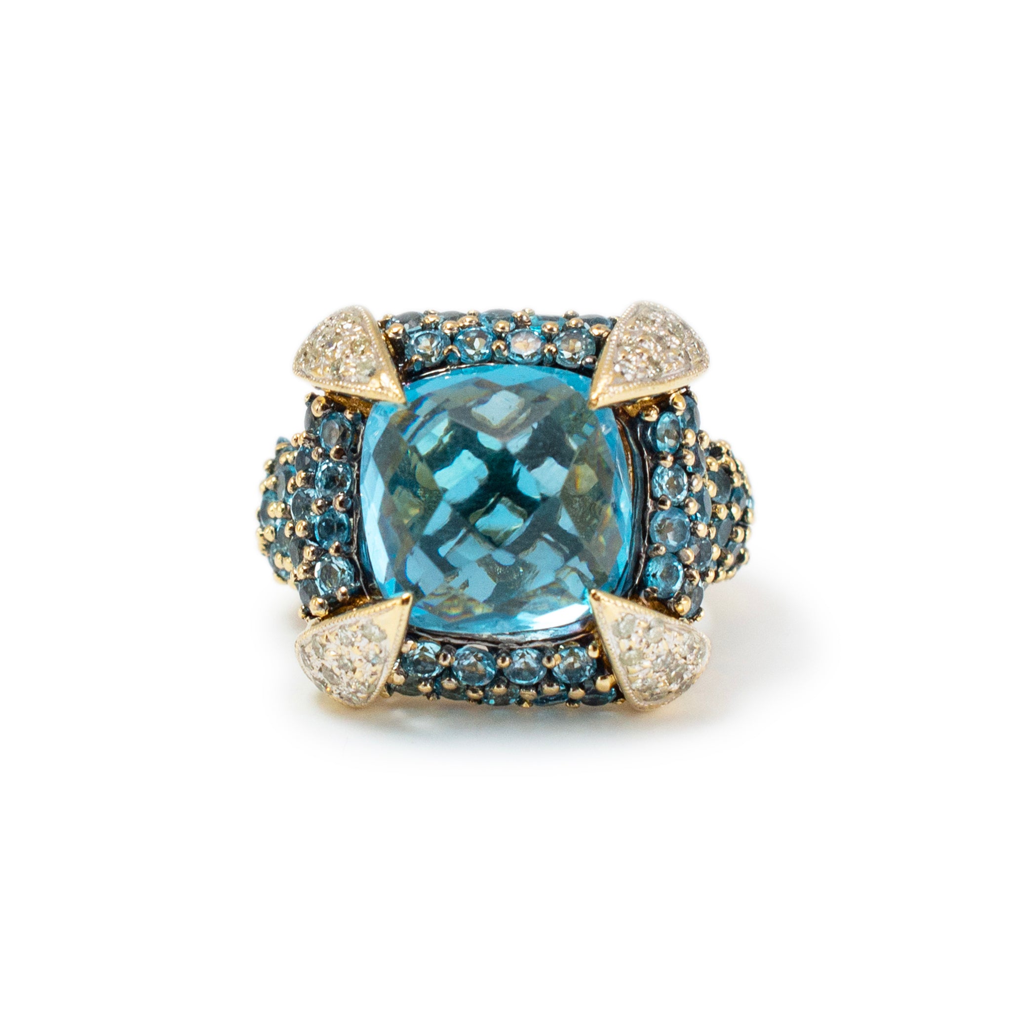Ladies 14K Yellow Gold Blue Topaz Halo Claw Pave Diamond Cocktail Statement Ring