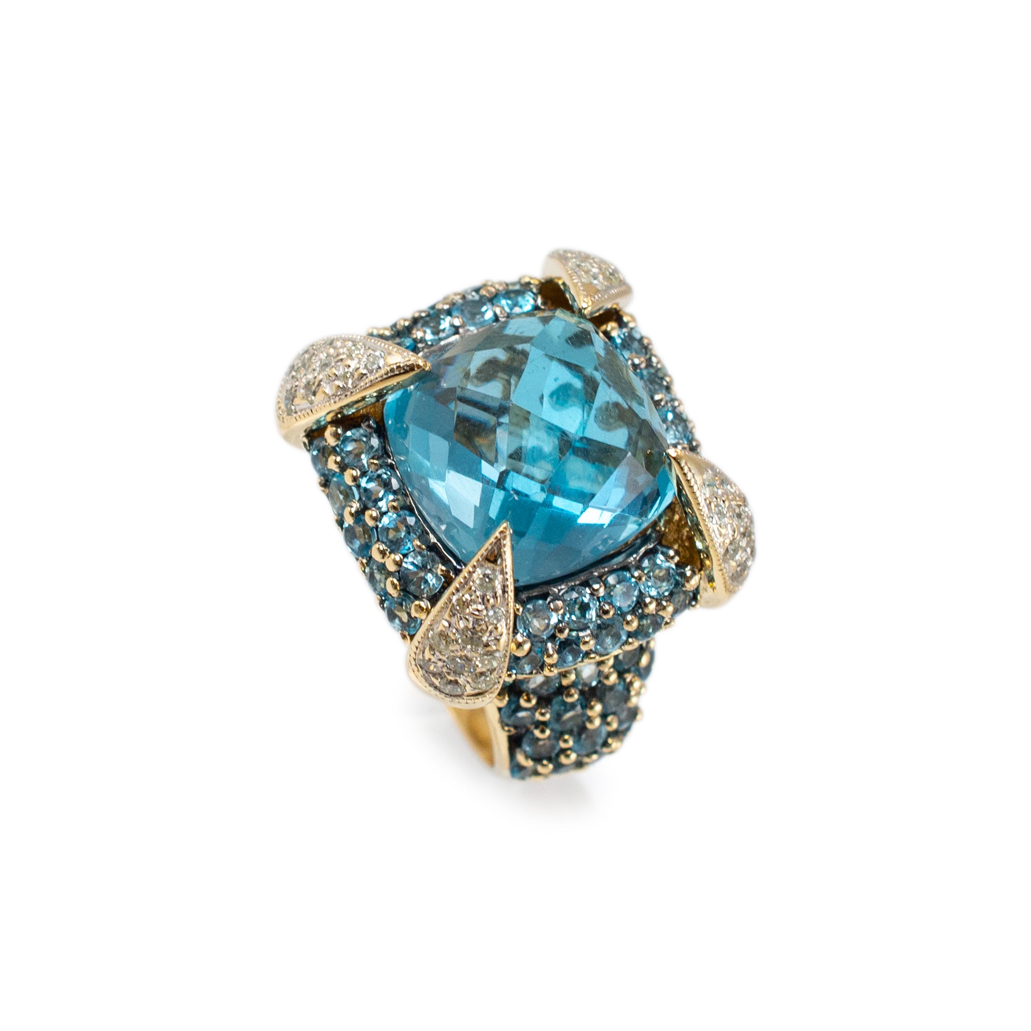 Ladies 14K Yellow Gold Blue Topaz Halo Claw Pave Diamond Cocktail Statement Ring